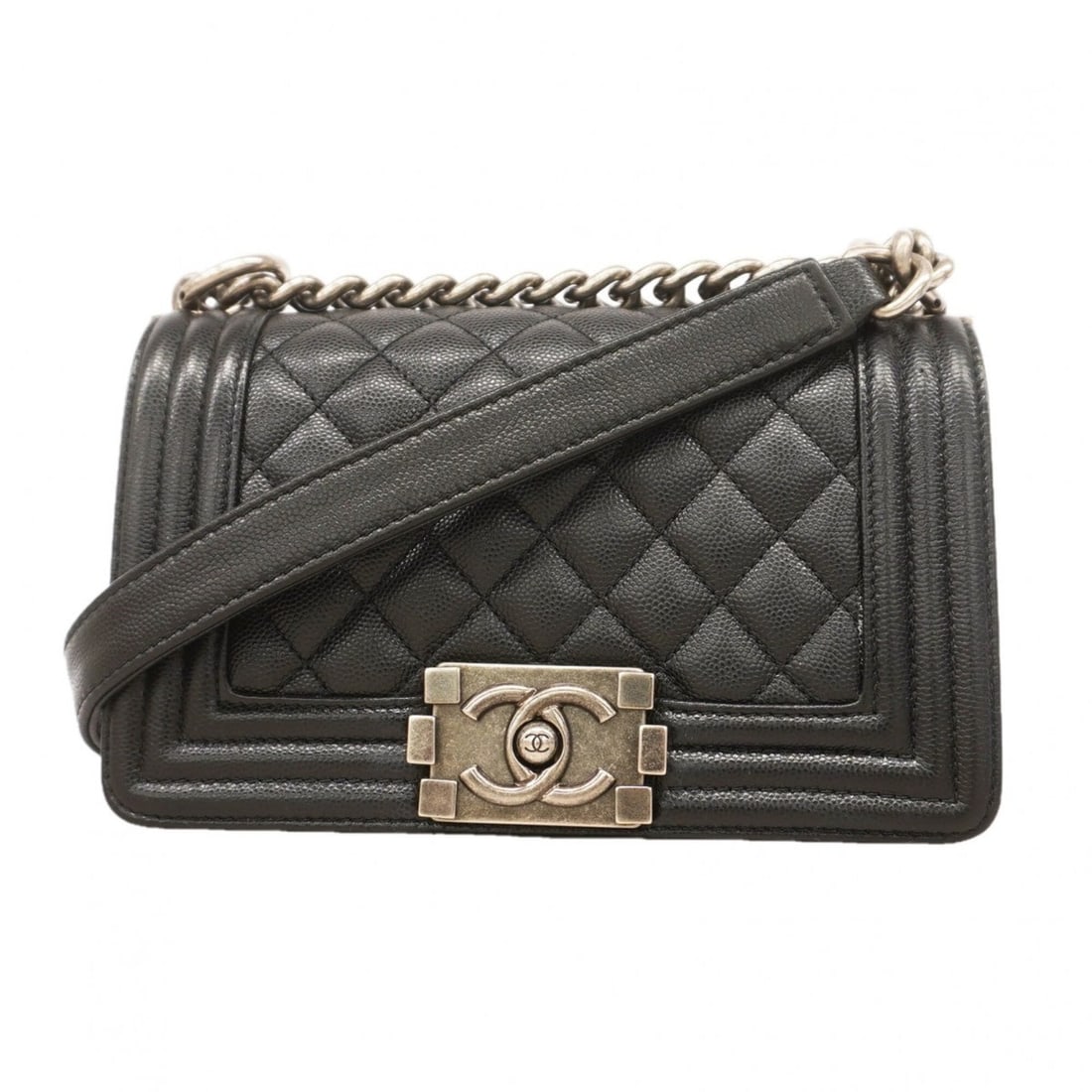 Chanel Boy Chain Shoulder Bag, Caviar Leather, Black, Women's, P3219274: --- Catalog ---Category: SizeSize (HxWxD): 14cm x 20cm x 6cm / 5.51'' x 7.87'' x 2.36''Category: DesignType: Shoulder bagColor: BlackGender: WomenMaterial: Grained Calfskin Hardware Color: SilverCateg
