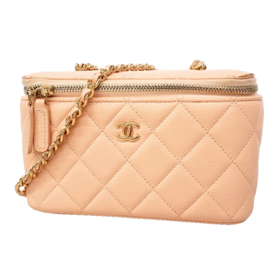Chanel Matelassé Chain Shoulder Bag, Caviar Leather, Pink Champagne, 2-way Bag for Women, P3214096: --- Catalog ---Category: SizeSize (HxWxD): 10cm x 16cm x 8cm / 3.93'' x 6.29'' x 3.14''Category: DesignType: Vanity bagColor: PinkGender: WomenMaterial: Grained Calfskin Hardware Color: Champagne gold