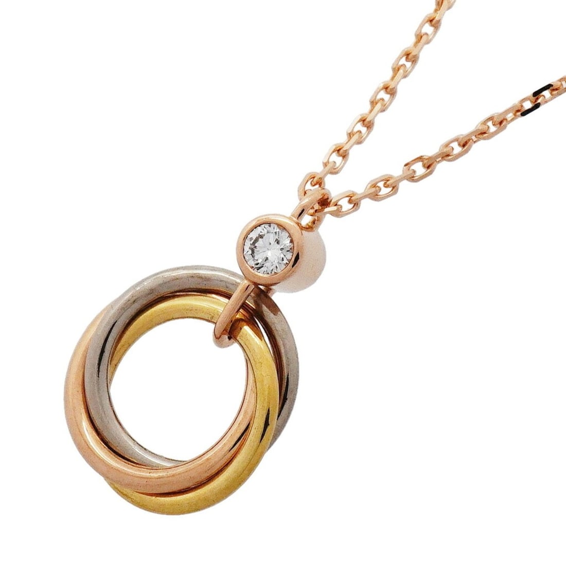 Cartier Trinity Necklace, 1PD (1 diamond), available in 18K Yellow Gold, White and Pink Gold.: --- Catalog ---Category: SizePendant Size: 15.6mm x 10.4mm / 0.61'' x 0.4''Neck Circumference: 38 cm - 40 cm / 14.96'' - 15.74''Category: DesignStone: DiamondGender: WomenMaterial: Pink gold (18K), Wh