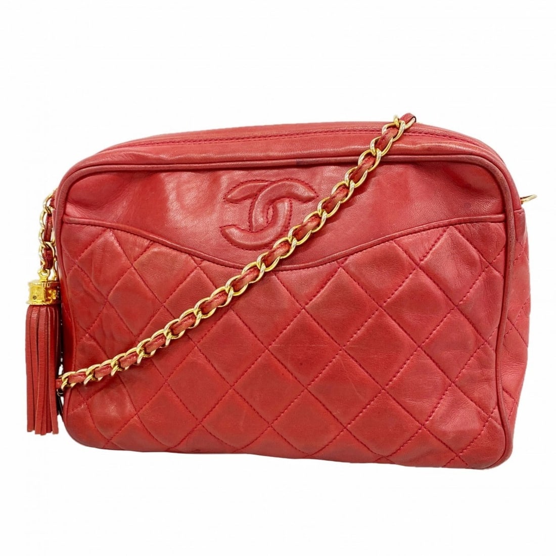 Chanel Matelassé Shoulder Bag with Chain Strap, Lambskin, Red, Women's, P3184649 (1 of 12)