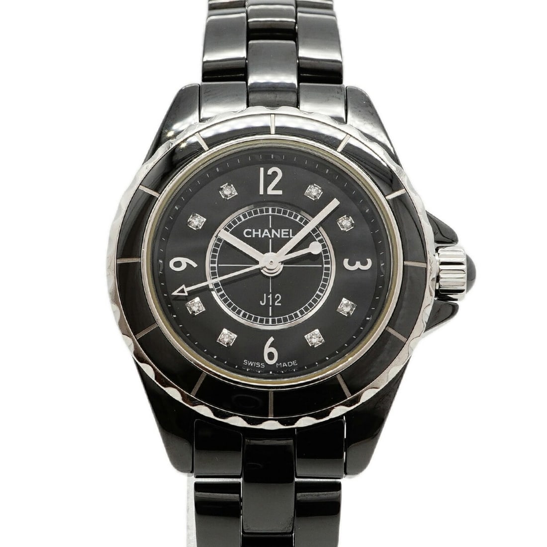 Chanel J12 Diamond H2569 Black Dial Women's Watch: --- Catalog ---Category: SizeWrist Size: 15cm / 5.9''Case Diameter: 28.6mm / 1.13''Category: DesignType: WristwatchGender: WomenColor (Dial): BlackMaterial (Band): CeramicCategory: GeneralMPN: H2569Br