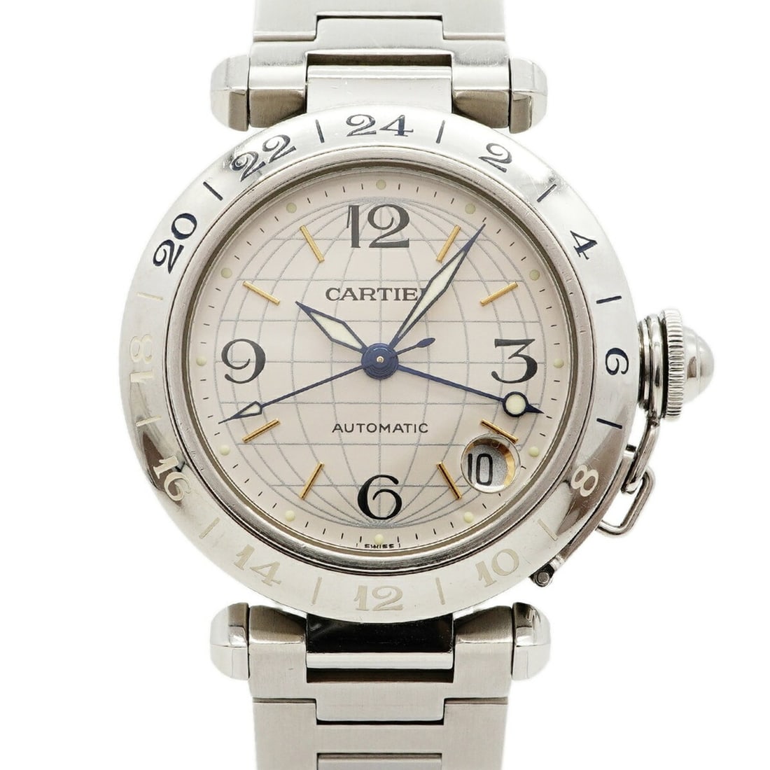 Cartier Pasha C Meridian GMT W31029M7 Silver Dial Watch (Boys' Size): --- Catalog ---Category: SizeWrist Size: 15cm / 5.9''Case Diameter: 35.4mm / 1.39''Category: DesignType: WristwatchGender: BoysColor (Dial): SilverMaterial (Band): Stainless steelCategory: GeneralMPN: