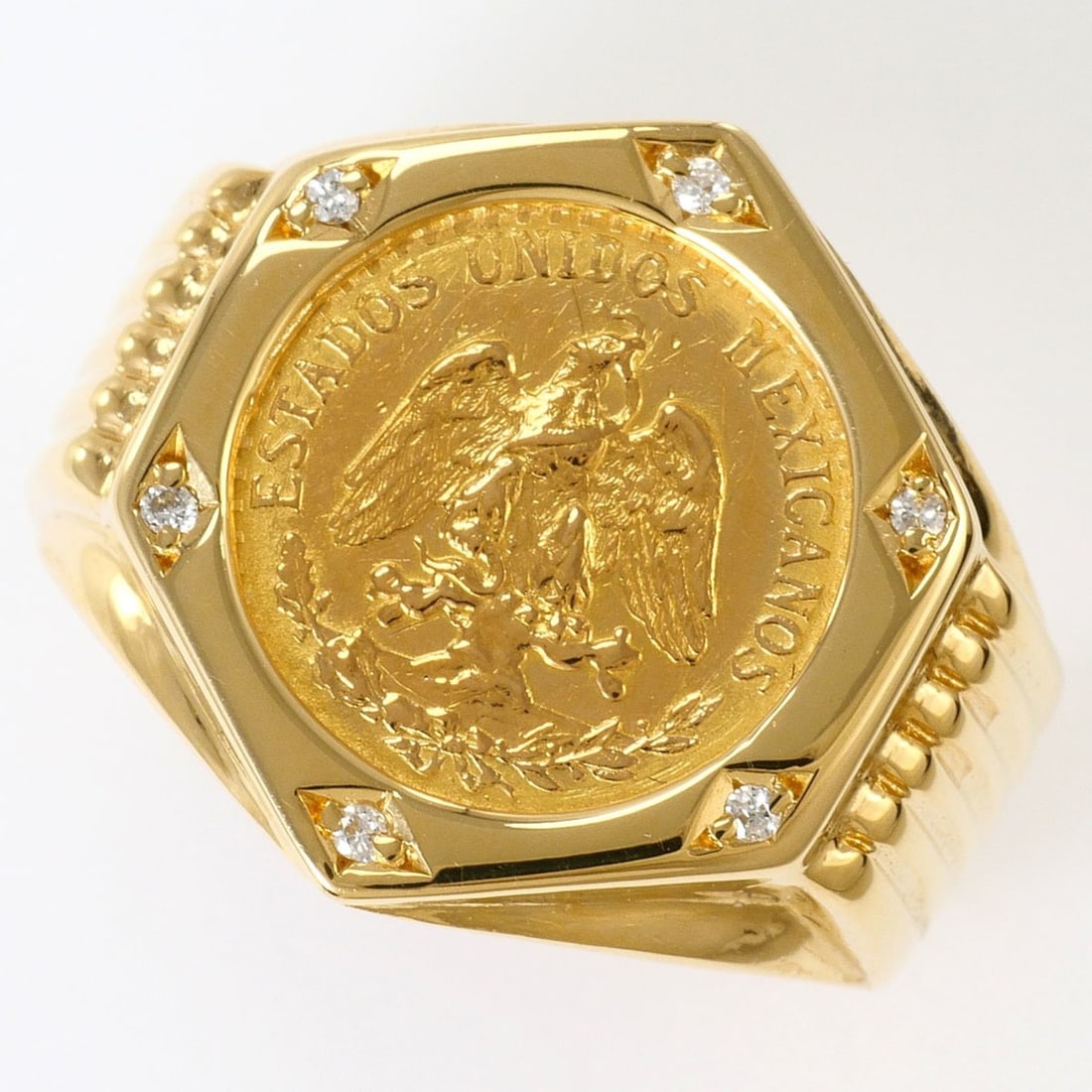 Mexican Peso Coin, 21.6K Yellow Gold (YG), 18K Ring, 1 Diamond (0.04ct), Card, Total Weight 6.6g,: --- Catalog ---Category: SizeWidth: 17mm / 0.67''Weight: 6.6g / 0.23oz.JP Size: 11US Size: 6Category: DesignType: Band ringColor: Yellow goldMetal: GoldStone: DiamondGender: WomenMaterial: Yellow gold