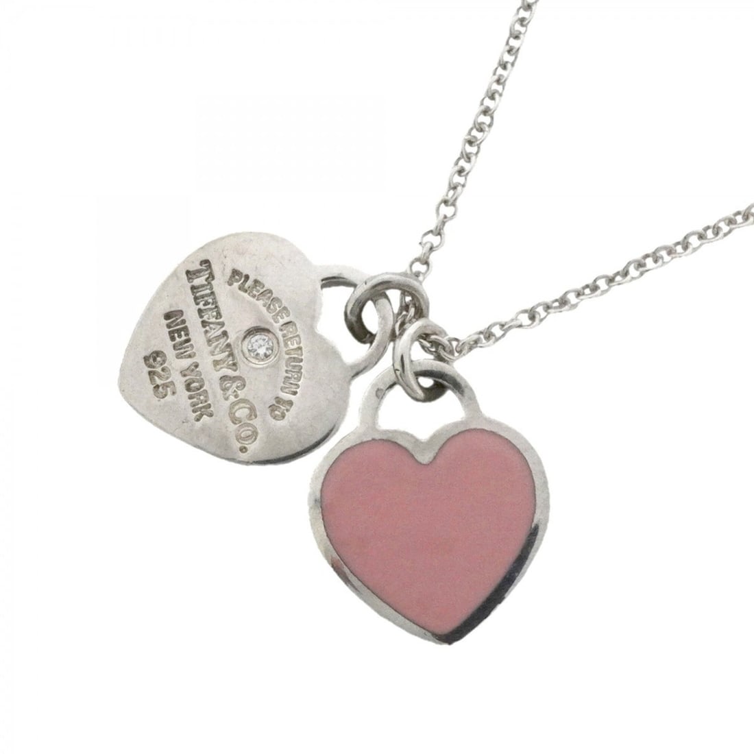 Tiffany & Co. Double Return to Heart Necklace, 1PD (One Diamond), Sterling Silver 925, Pink, Women's: --- Catalog ---Category: SizePendant Size: 14.2mm x 12.1mm / 0.55'' x 0.47''Neck Circumference: 40.5 cm - 45.5 cm / 15.94'' - 17.91''Category: DesignColor: PinkStone: DiamondGender: WomenMaterial: Sil