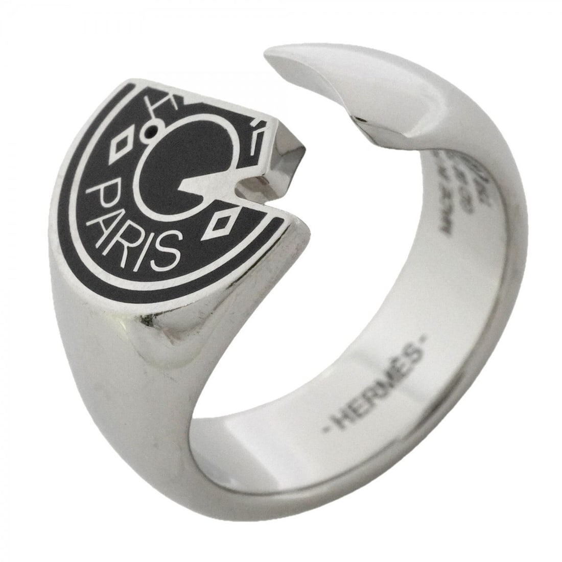 Hermes Carousel Ring, Metal, Silver & Black, Size #58, Men's: --- Catalog ---Category: SizeUS Size: 9Brand Size: 58Category: DesignType: Band ringColor: Black, SilverGender: MenMaterial: MetalCategory: GeneralBrand: Hermes--- Item List ---Section: ConditionRanki
