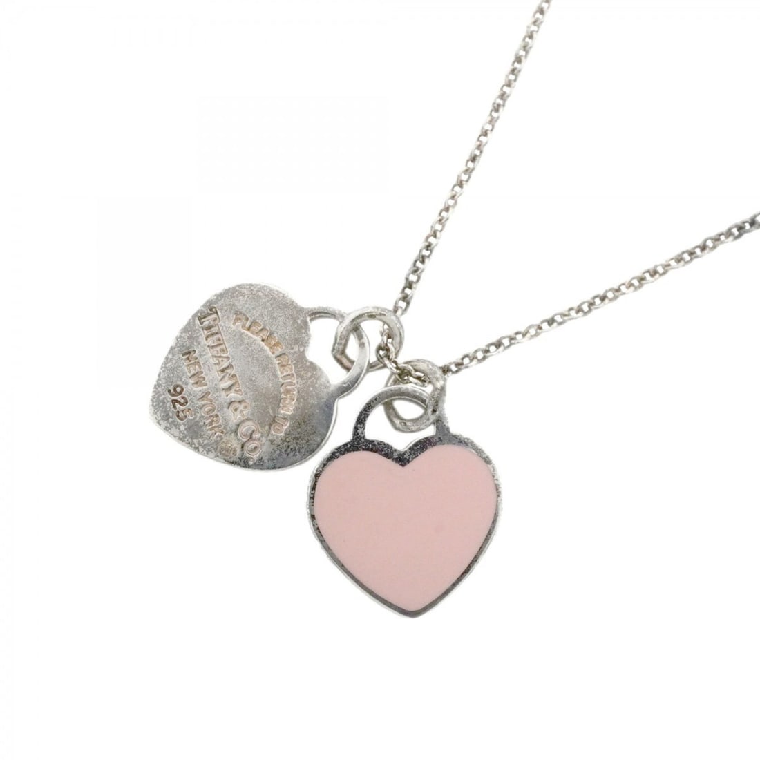 Tiffany & Co. Double Return to Heart Necklace, Sterling Silver 925, Pink, Women's: --- Catalog ---Category: SizePendant Size: 14.4mm x 12.2mm / 0.56'' x 0.48''Neck Circumference: 40.5 cm / 15.94''Category: DesignColor: PinkGender: WomenMaterial: Silver 925Necklace Type: NecklaceCate