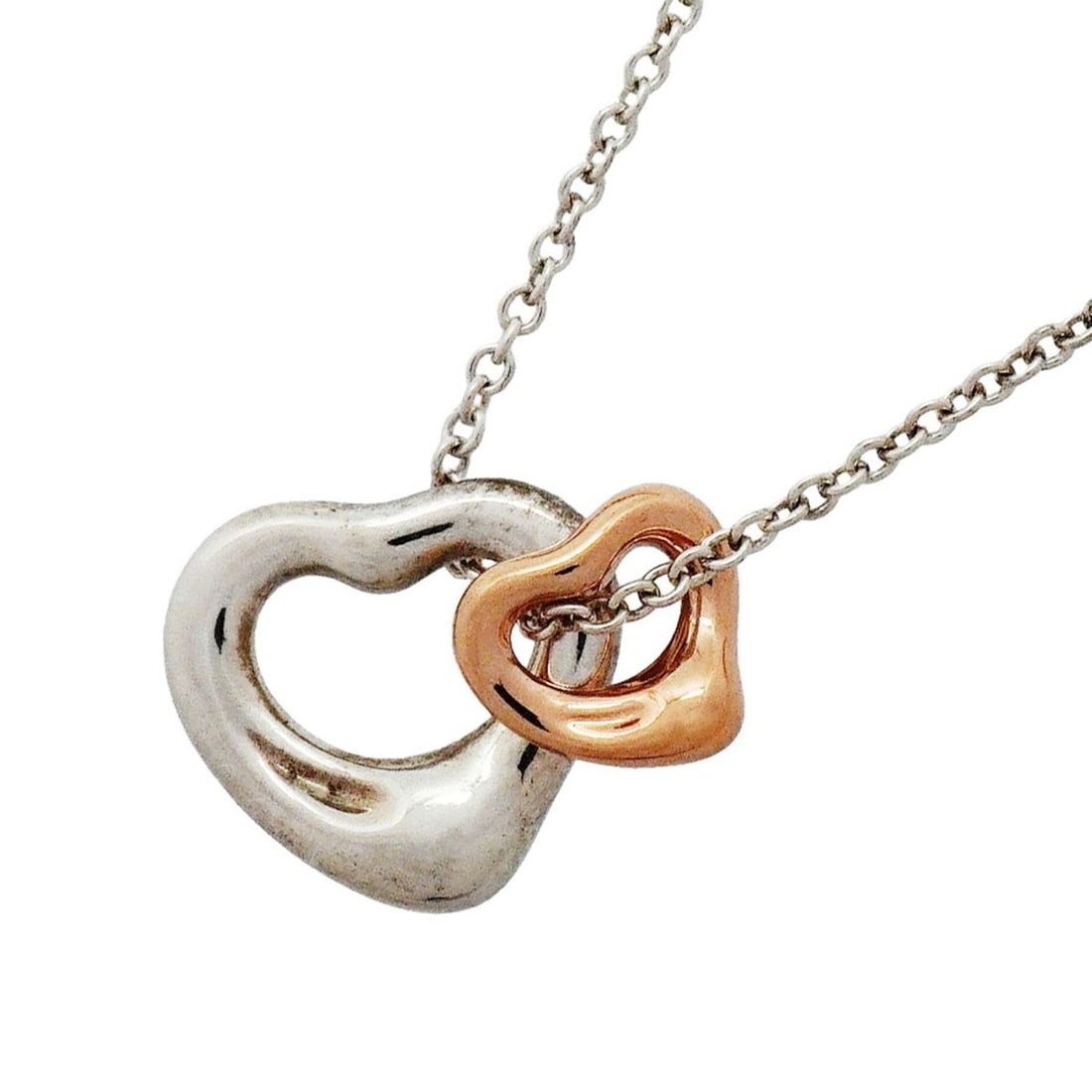 Tiffany & Co. Double Heart Necklace, 18K Pink Gold, Sterling Silver 925, Women's: --- Catalog ---Category: SizePendant Size: 10.1mm x 10.9mm / 0.39'' x 0.42''Neck Circumference: 40.5 cm / 15.94''Category: DesignGender: WomenMaterial: Pink gold (18K), Silver 925Necklace Type: Neckla