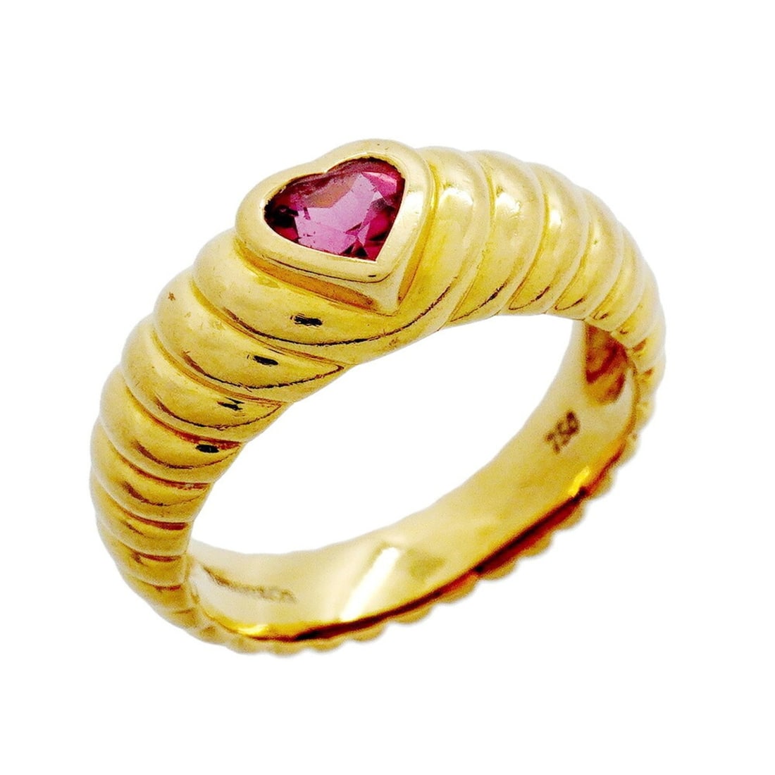 Tiffany & Co. Ribbed Friendship Ring, 18K Yellow Gold with Pink Tourmaline, Size 10.5 (Women's): --- Catalog ---Category: SizeJP Size: 10.5US Size: 5.5Category: DesignType: Band ringGender: WomenMaterial: Yellow gold (18K)Category: GeneralBrand: Tiffany--- Item List ---Section: ConditionRanking: 