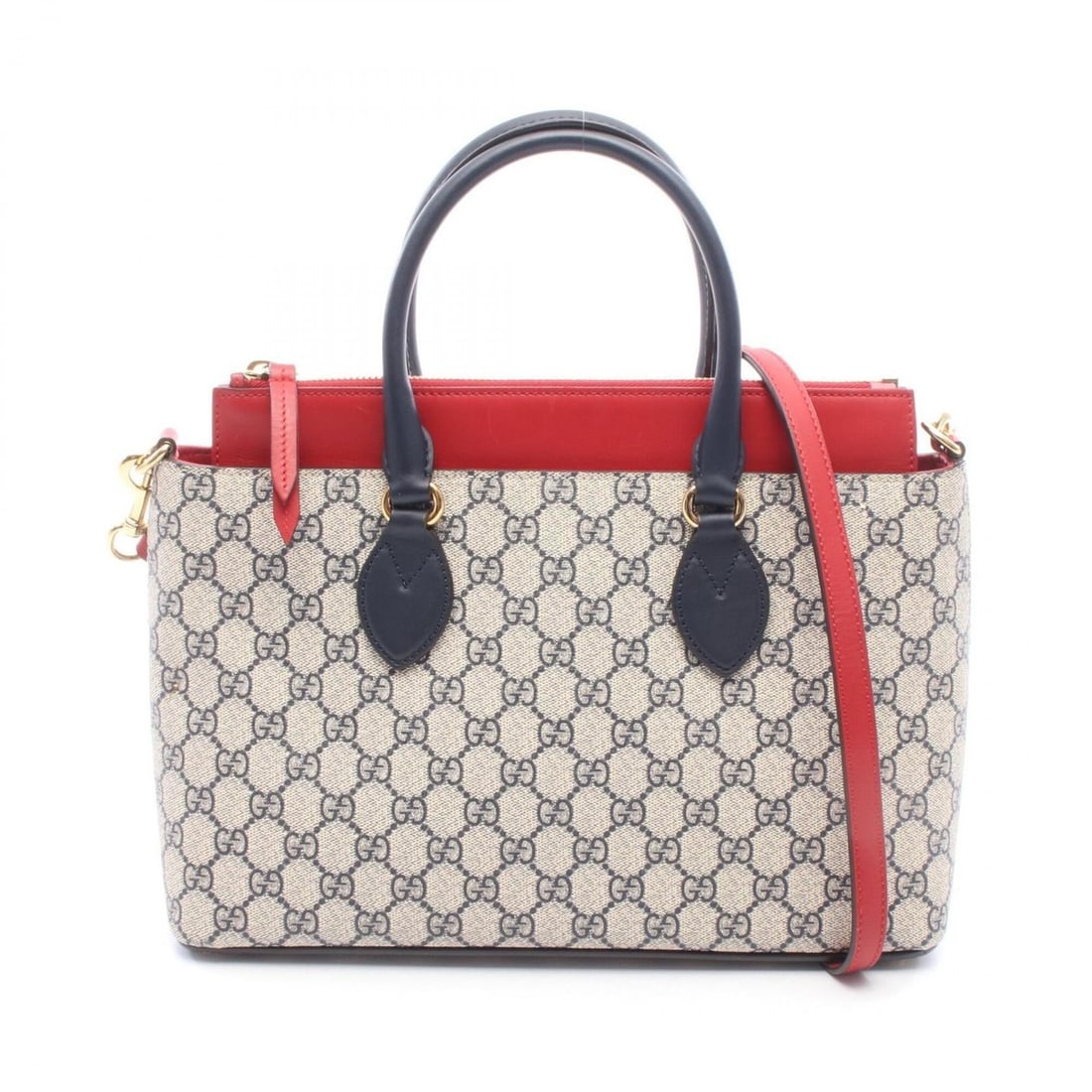 Gucci GG Supreme 2-Way Handbag, Coated Canvas Leather, Women's, Navy, Beige, Red, 409534 (1 of 13)