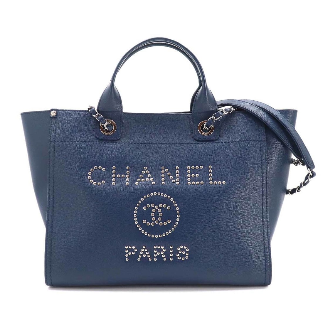 Chanel Deauville 2-way Tote Chain Shoulder Handbag Leather Navy A57069 Silver Hardware: --- Catalog ---Category: SizeWeight: 1.1kg / 2.42lb.Size (HxWxD): 26cm x 44cm x 16cm / 10.23'' x 17.32'' x 6.29''Strap Length: 80cm / 31.49''Handle Length: 31cm / 12.2''Category: DesignType: Handbag, 