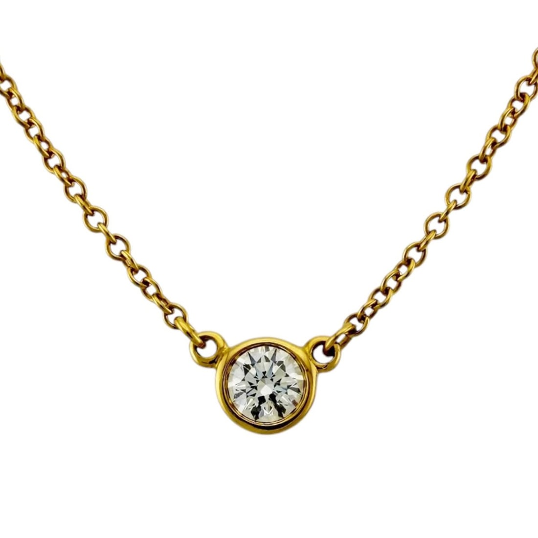 Tiffany & Co. By the Yard Necklace, approximately 0.12ct diamond, 18K yellow gold, women's necklace.: --- Catalog ---Category: SizePendant Size: 4.2mm x 4.2mm / 0.16'' x 0.16''Neck Circumference: 41 cm / 16.14''Category: DesignColor: GoldGender: WomenMaterial: Yellow gold (18K)Necklace Type: NecklaceC