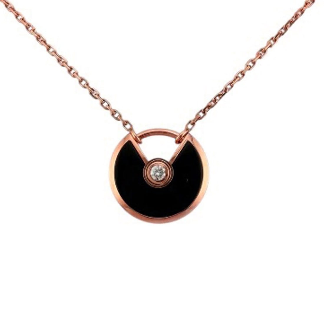 Cartier necklace, 18K pink gold, onyx, 1ct diamond.: --- Catalog ---Category: SizePendant Size: 11mm x 11.5mm / 0.43'' x 0.45''Neck Circumference: 42 cm / 16.53''Category: DesignColor: Black, Pink goldGender: WomenMaterial: Pink gold (18K)Pendant Type: 