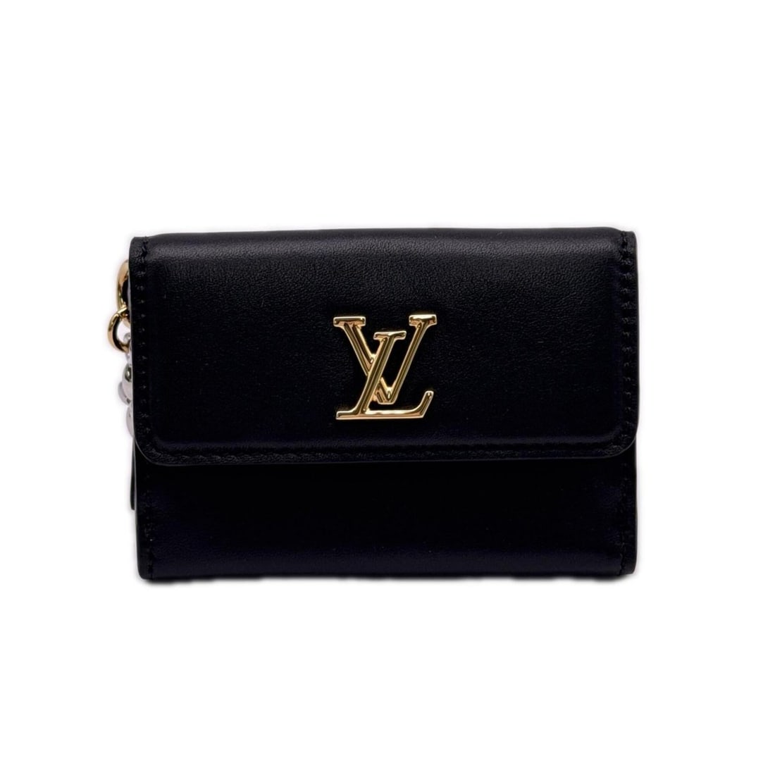 LOUIS VUITTON Calf Leather Mini Trifold Wallet LV Bloom M15081 Tri-fold Black Women's (1 of 13)