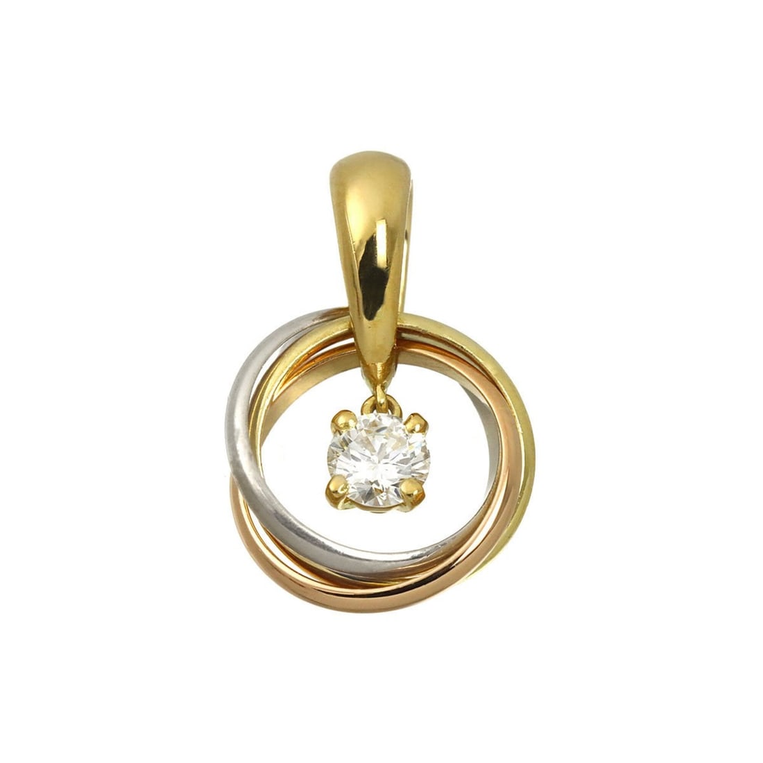 Cartier Trinity Diamond Pendant Top, 18K Yellow Gold, White Pink Gold (750): --- Catalog ---Category: SizeWeight: 2.5g / 0.08oz.Pendant Size: 18.5mm x 11.8mm / 0.72'' x 0.46''Category: DesignColor: Pink, White, YellowMetal: GoldStone: DiamondGender: WomenMetal Purity: 18KPenda