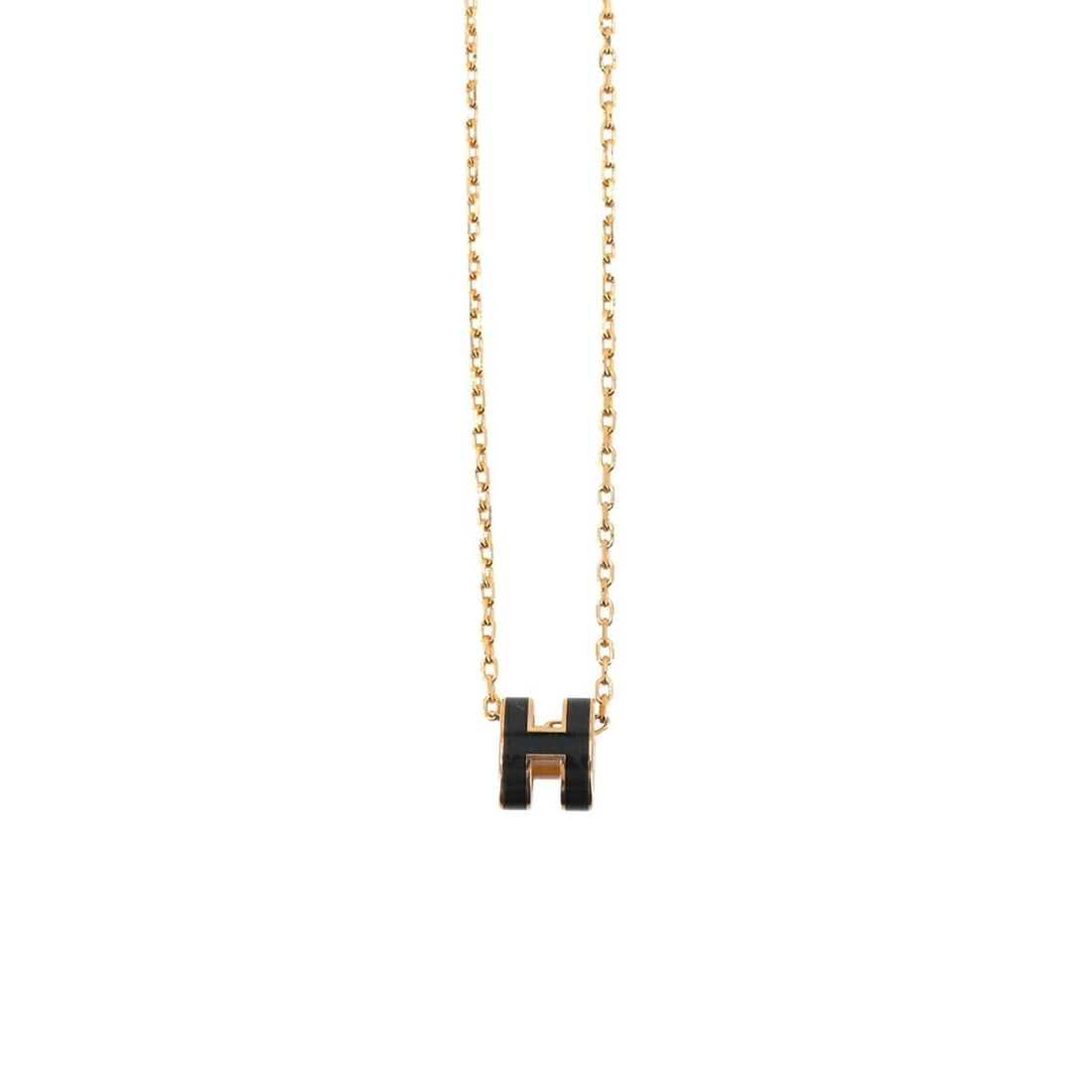Hermes Mini Pop H Necklace, Black and Gold: --- Catalog ---Category: SizeWeight: 3g / 0.1oz.Pendant Size: 9mm x 7mm / 0.35'' x 0.27''Neck Circumference: 40.5 cm / 15.94''Category: DesignColor: Black, GoldGender: WomenNecklace Type: NecklaceCate