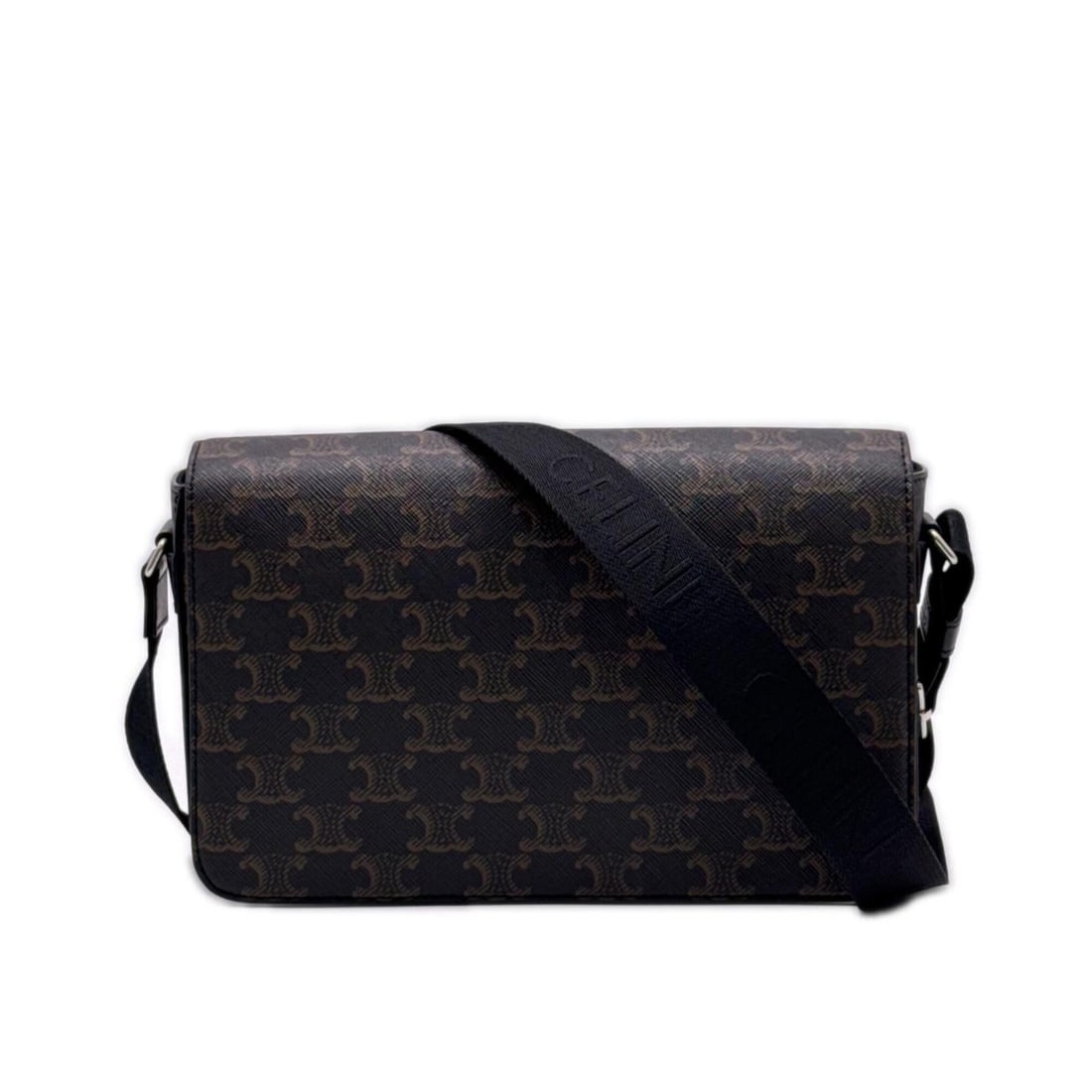 CELINE Triomphe Canvas Flap Messenger 111592 Shoulder Bag Brown Black Leather Women's: --- Catalog ---Category: SizeSize (HxWxD): 13.5cm x 24cm x 5cm / 5.31'' x 9.44'' x 1.96''Strap Length: 136cm / 53.54''Category: DesignType: Shoulder bagColor: Black, BrownGender: WomenClosure: FlapMat
