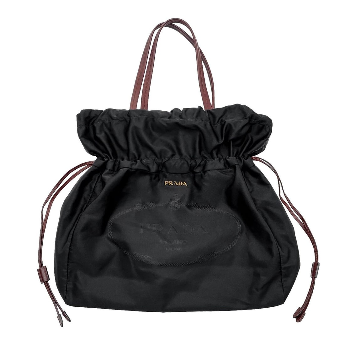 PRADA logo drawstring bag tote BN1757 nylon leather black women's: --- Catalog ---Category: SizeSize (HxWxD): 37cm x 38cm x 8.5cm / 14.56'' x 14.96'' x 3.34''Category: DesignType: Tote bagColor: Black, BrownGender: WomenMaterial: Nylon , Leather Category: GeneralBran