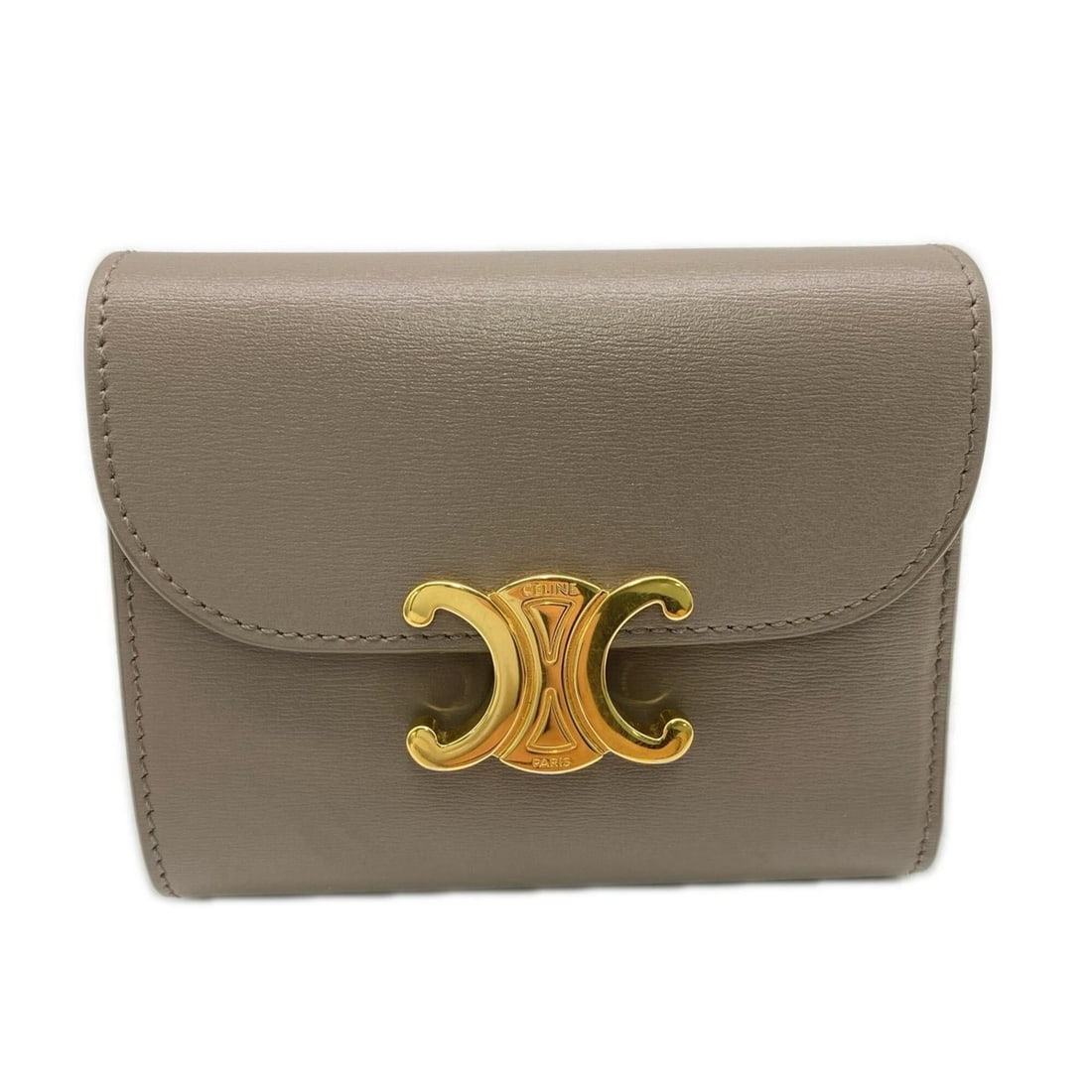 CELINE Shiny Calfskin Small Flap Wallet Triomphe Pebble 10D783DPV Tri-fold Greige Women's (1 of 18)