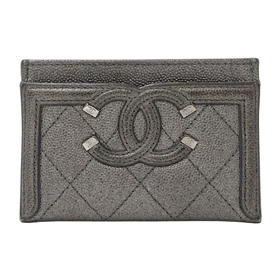 Chanel Matelassé CC Filigree Card Case for Women, Caviar Leather, Gray, Silver, Silver Hardware,: --- Catalog ---Category: DesignType: Business card caseColor: Gray, MetallicGender: WomenMaterial: Grained Calfskin Category: GeneralBrand: ChanelCountry of Origin: ItalyCategory: Physical PropertiesS
