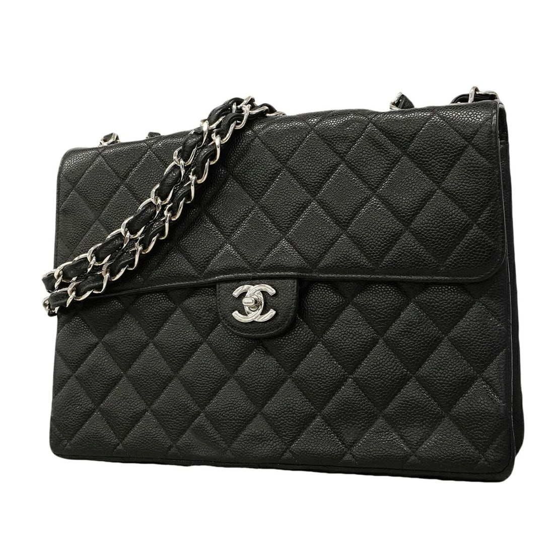 Chanel Shoulder Bag, Large Matelassé, Double Chain, Caviar Leather, Black, Women's: --- Catalog ---Category: SizeSize (HxWxD): 22.5cm x 30cm x 8cm / 8.85'' x 11.81'' x 3.14''Category: DesignType: Shoulder bagColor: BlackGender: WomenMaterial: Grained Calfskin Hardware Color: SilverCa