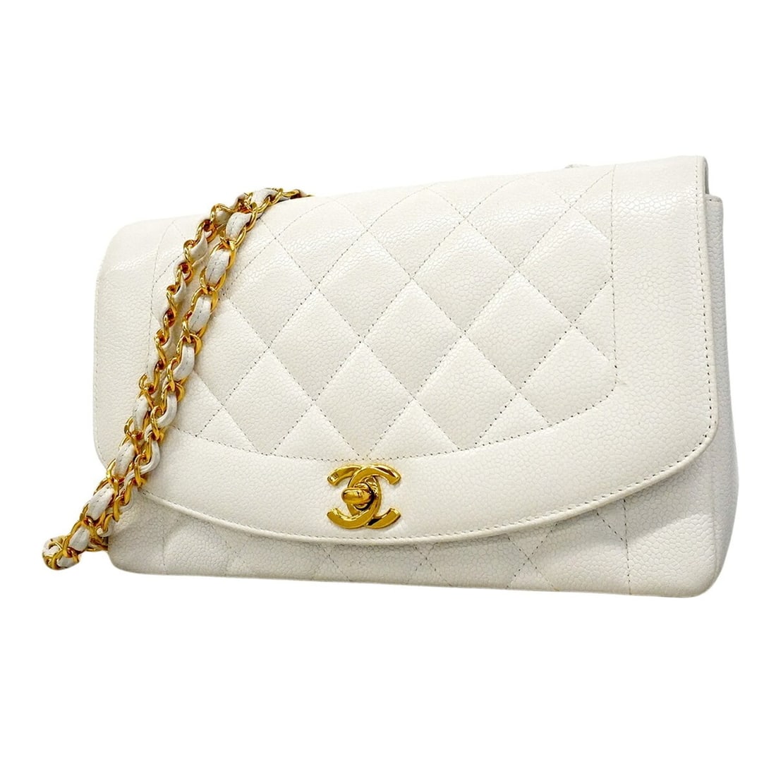 Chanel Diana Chain Shoulder Bag, Caviar Leather, White, Women's: --- Catalog ---Category: SizeSize (HxWxD): 17cm x 25cm x 7cm / 6.69'' x 9.84'' x 2.75''Category: DesignType: Shoulder bagColor: WhiteGender: WomenMaterial: Grained Calfskin Hardware Color: GoldCategor