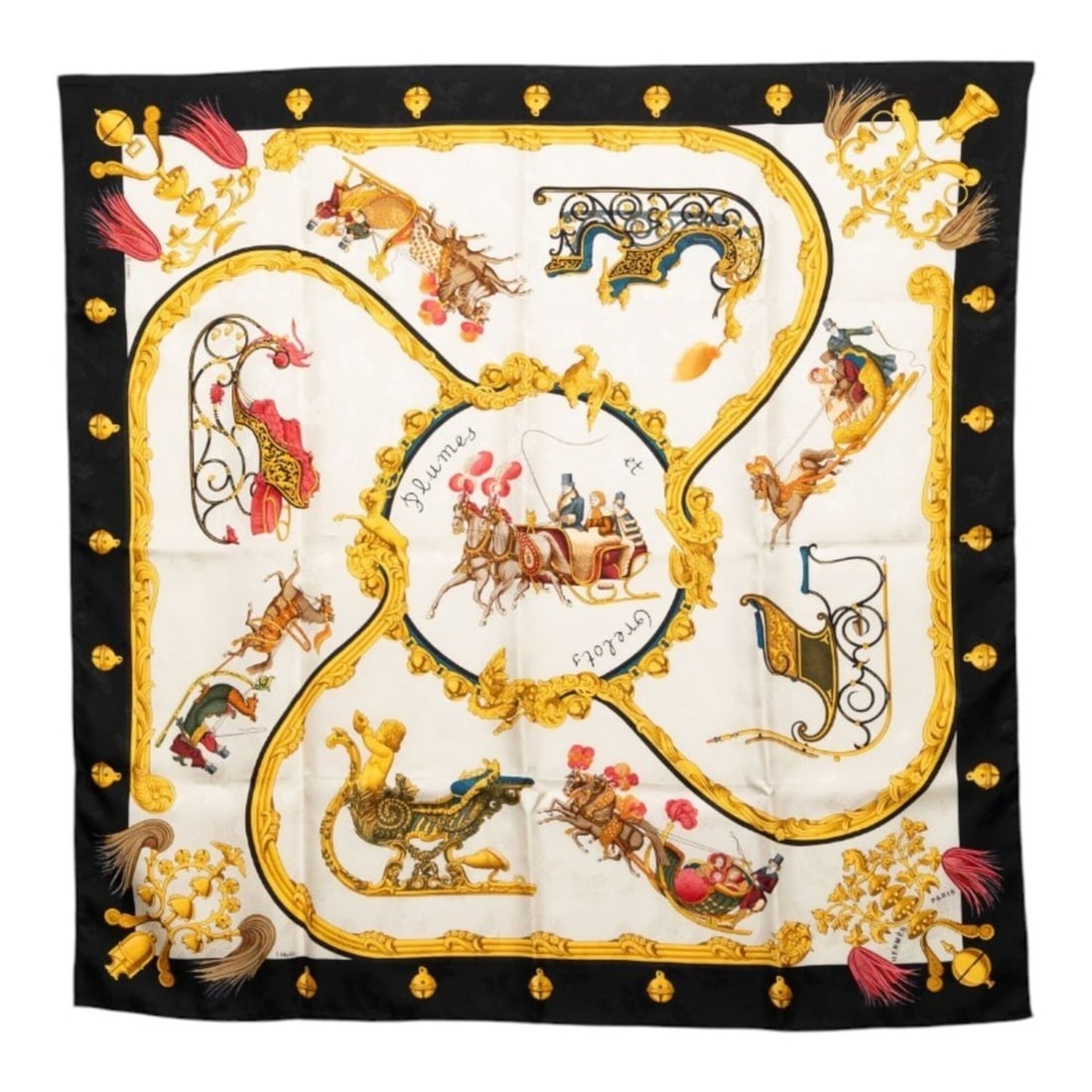 Hermes Carre 90 Plumes et Grelots (Feathers and Bells) Scarf/Muffler, Black, White, Multicolor, (1 of 10)