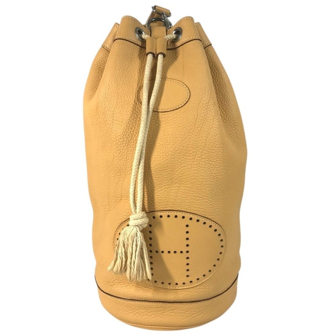 HERMES Hermes H-punched logo drawstring lunch bag shoulder Taurillon Clemence leather men's and: --- Catalog ---Category: SizeSize (HxWxD): 41cm x 20cm x 19cm / 16.14'' x 7.87'' x 7.48''Category: DesignType: Shoulder bagColor: Beige, YellowGender: Men,WomenMaterial: Taurillon clemence leather Cat