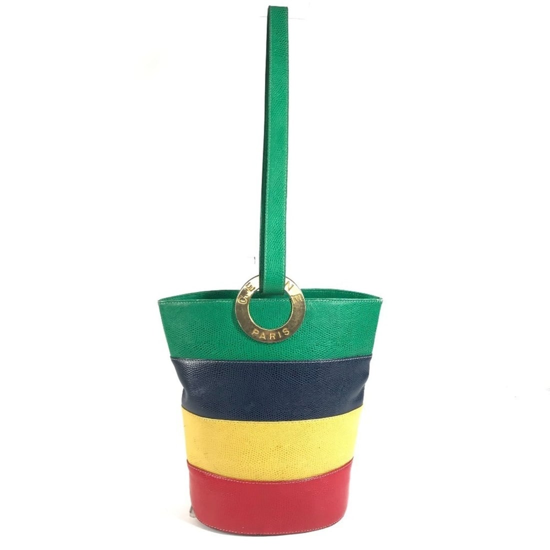 CELINE Vintage Circle Logo One-Shoulder Bucket Bag, Leather, Men's & Women's, Red x Green: --- Catalog ---Category: SizeSize (HxWxD): 26cm x 18.5cm x 15cm / 10.23'' x 7.28'' x 5.9''Category: DesignType: Shoulder bagColor: Blue, Green, Red color, YellowGender: Men,WomenMaterial: Leather Cate