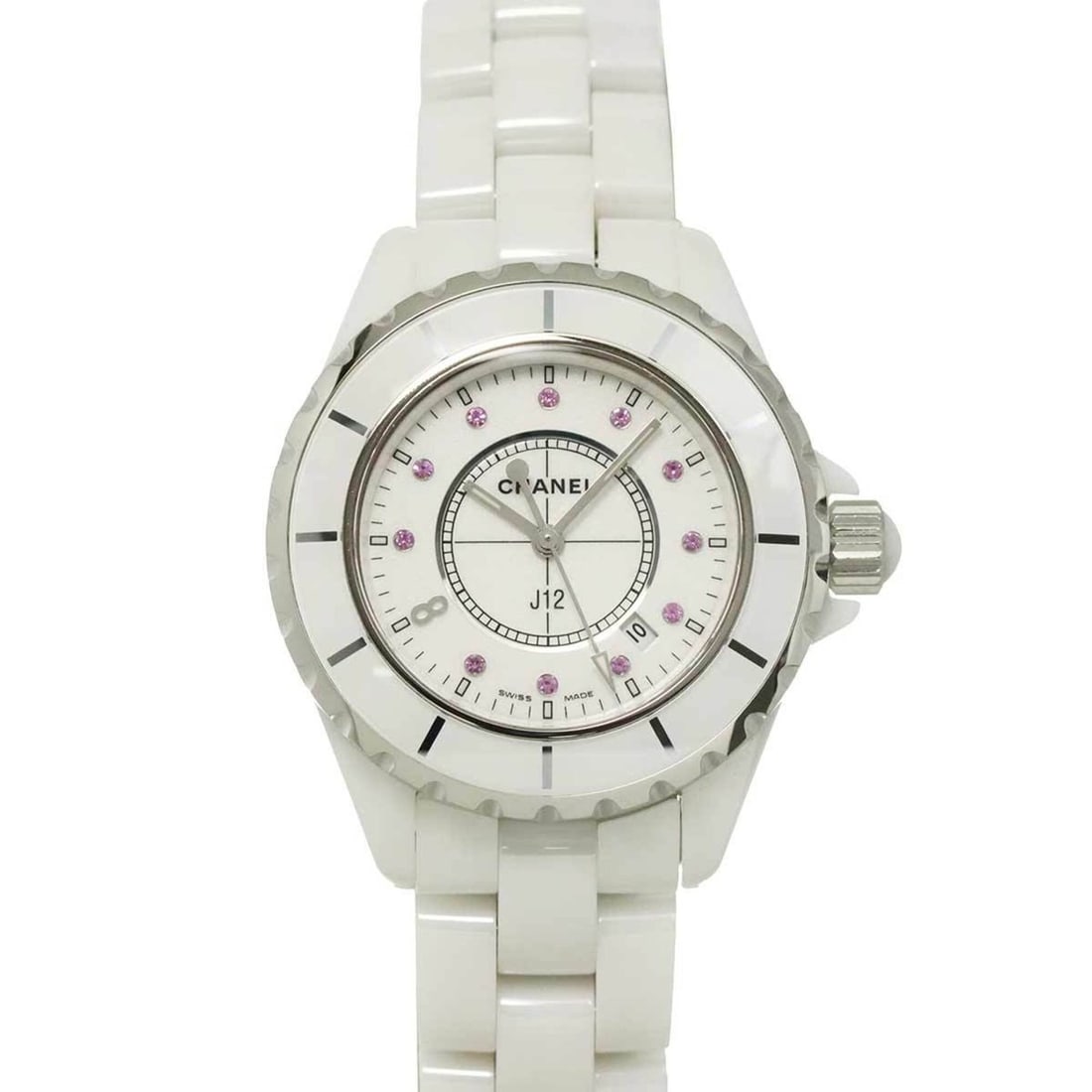 Chanel J12 33mm H2054 Ginza Boutique Limited Edition Women's Watch 11P Pink Sapphire White Ceramic: --- Catalog ---Category: SizeWrist Size: 14.5cm / 5.7''Case Diameter: 34mm / 1.34''Category: DesignType: WristwatchGender: WomenColor (Dial): WhiteMaterial (Band): Ceramic, Stainless steelMaterial (Ca