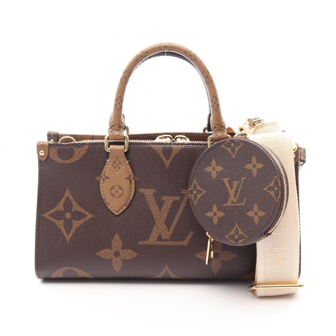 Louis Vuitton OnTheGo EW Monogram Giant Reverse 2-Way Handbag, Coated Canvas, Women's, Brown, M46653: --- Catalog ---Category: SizeSize (HxWxD): 14cm x 27cm x 10cm / 5.51'' x 10.62'' x 3.93''Category: DesignType: Handbag, PouchColor: BrownGender: WomenMaterial: Coated canvas Category: GeneralMPN: M466