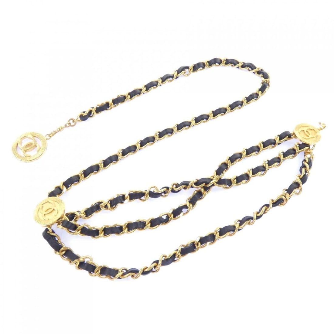 Chanel belt: --- Catalog ---Category: SizeLength: 82.5cm / 32.48''Category: DesignType: Chain beltColor: Black, GoldGender: WomenCategory: GeneralBrand: Chanel--- Item List ---Section: ConditionRanking: Rank B