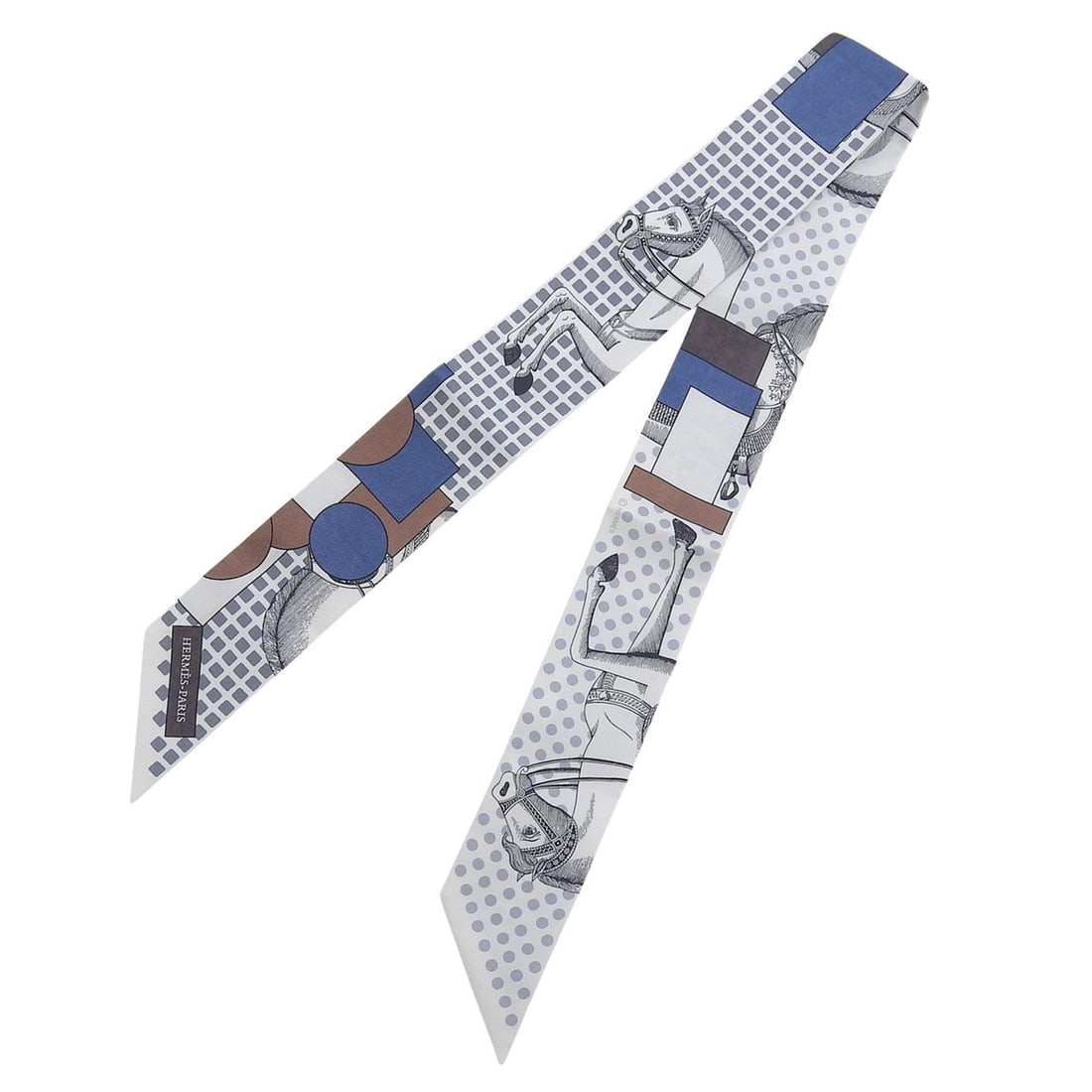 HERMES Twilly CAVALIER EN FORMES (Cavalier en Formes) 100% Silk Scarf/Muffler, Gray and White, Made: --- Catalog ---Category: SizeSize (LxW): 1.83m x 5cm / 72.04'' x 1.96''Category: DesignType: ScarfColor: Gray, WhiteGender: WomenMaterial: Silk Category: GeneralBrand: HermesCountry of Origin: France-