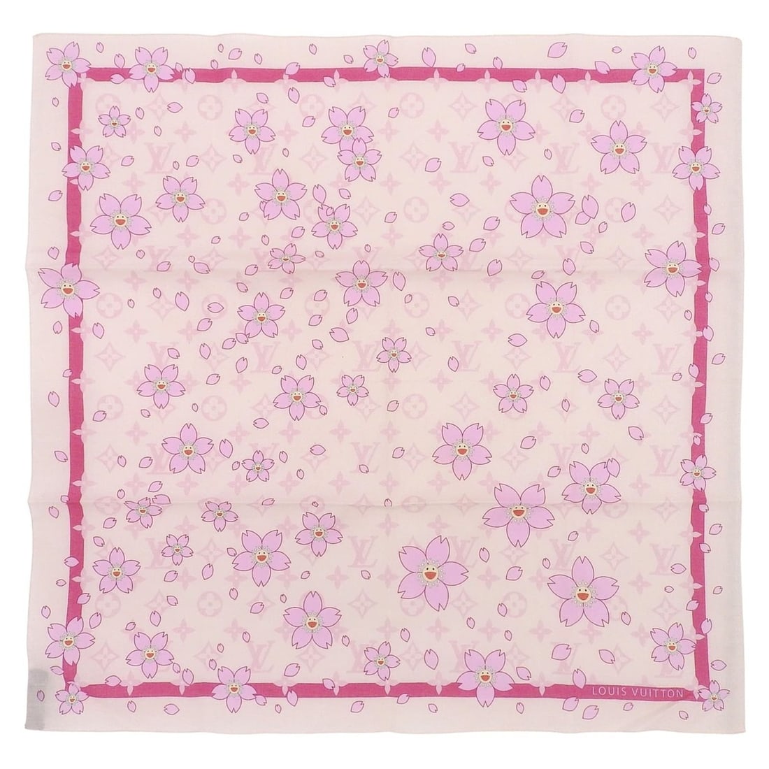 LOUIS VUITTON MURAKAMI Louis Vuitton Takashi Murakami 100% Cotton Monogram Cherry Blossom: --- Catalog ---Category: SizeSize (LxW): 54cm x 57cm / 21.25'' x 22.44''Category: DesignType: HandkerchiefColor: PinkGender: WomenMaterial: Cotton Category: GeneralBrand: Louis VuittonCountry of Origi