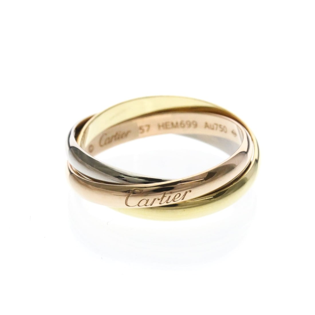 Cartier Trinity Ring Yellow Gold (18K),Pink Gold (18K),White Gold (18K) Fashion No Stone Band Ring: --- Catalog ---Category: SizeWidth: 2.9mm / 0.11''Weight: 6g / 0.21oz.JP Size: 17US Size: 8Brand Size: 57Category: DesignType: Band ringColor: GoldMetal: Gold, White GoldStone: No StoneStyle: FashionG