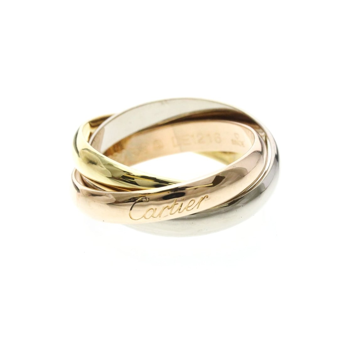 Cartier Trinity Ring Yellow Gold (18K),Pink Gold (18K),White Gold (18K) Fashion No Stone Band Ring: --- Catalog ---Category: SizeWidth: 3.5mm / 0.14''Weight: 8.5g / 0.29oz.JP Size: 13US Size: 6 1/4Brand Size: 53Category: DesignType: Band ringColor: GoldMetal: Gold, White GoldStone: No StoneStyle: Fa