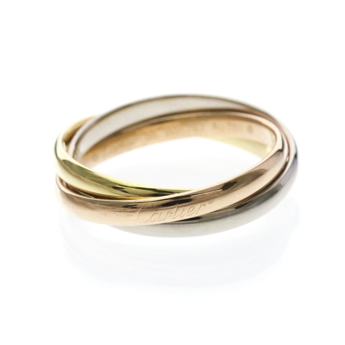 Cartier Trinity Ring Yellow Gold (18K),Pink Gold (18K),White Gold (18K) Fashion No Stone Band Ring: --- Catalog ---Category: SizeWidth: 2.5mm / 0.1''Weight: 6.5g / 0.22oz.JP Size: 16US Size: 7 1/2Brand Size: 56Category: DesignType: Band ringColor: GoldMetal: Gold, White GoldStone: No StoneStyle: Fas