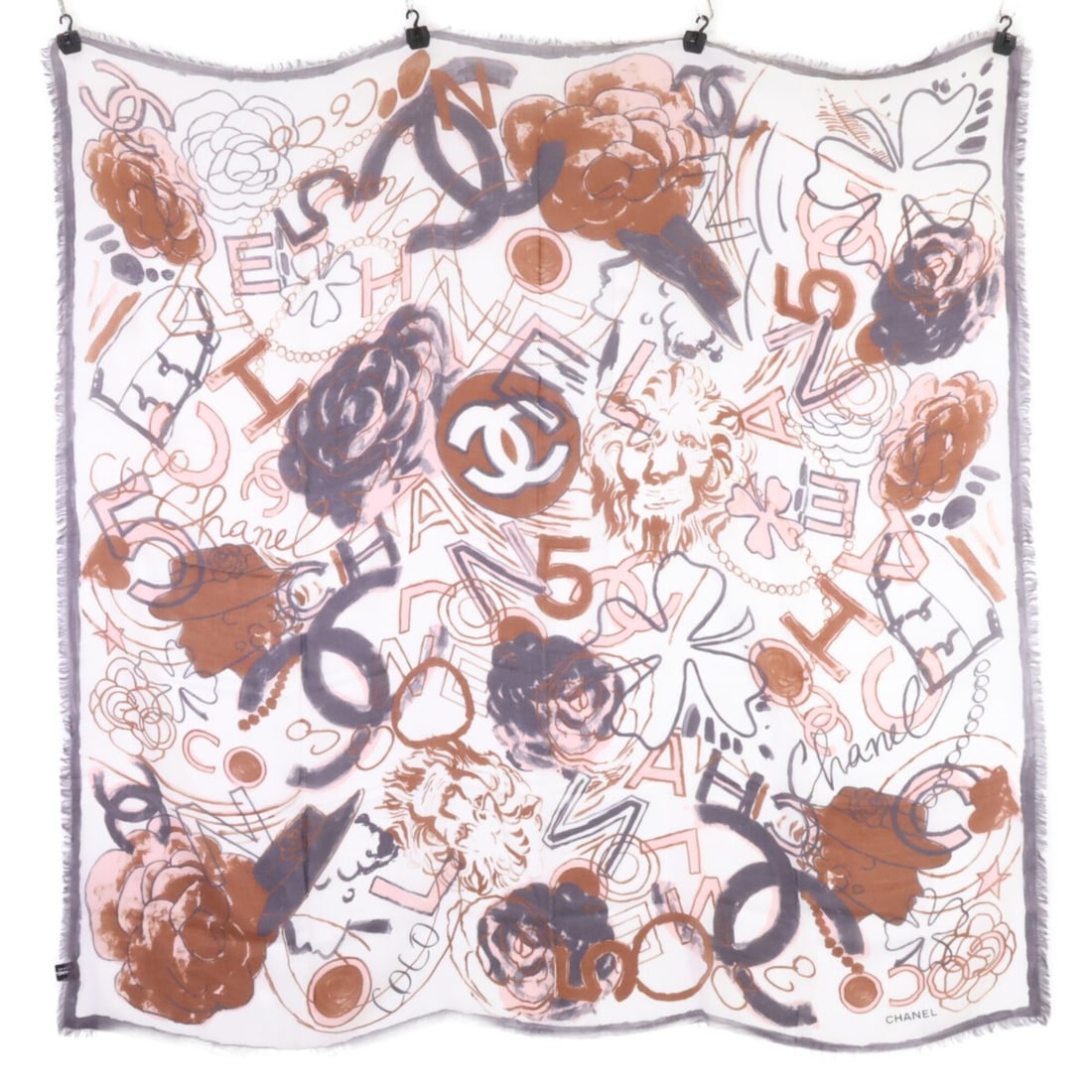 CHANEL all-over print cashmere blend stole/scarf, purple, for women: --- Catalog ---Category: SizeSize (LxW): 1.38m x 1.42m / 54.33'' x 55.9''Category: DesignType: StoleColor: PurpleGender: WomenCategory: GeneralBrand: Chanel--- Item List ---Section: ConditionRanking: 