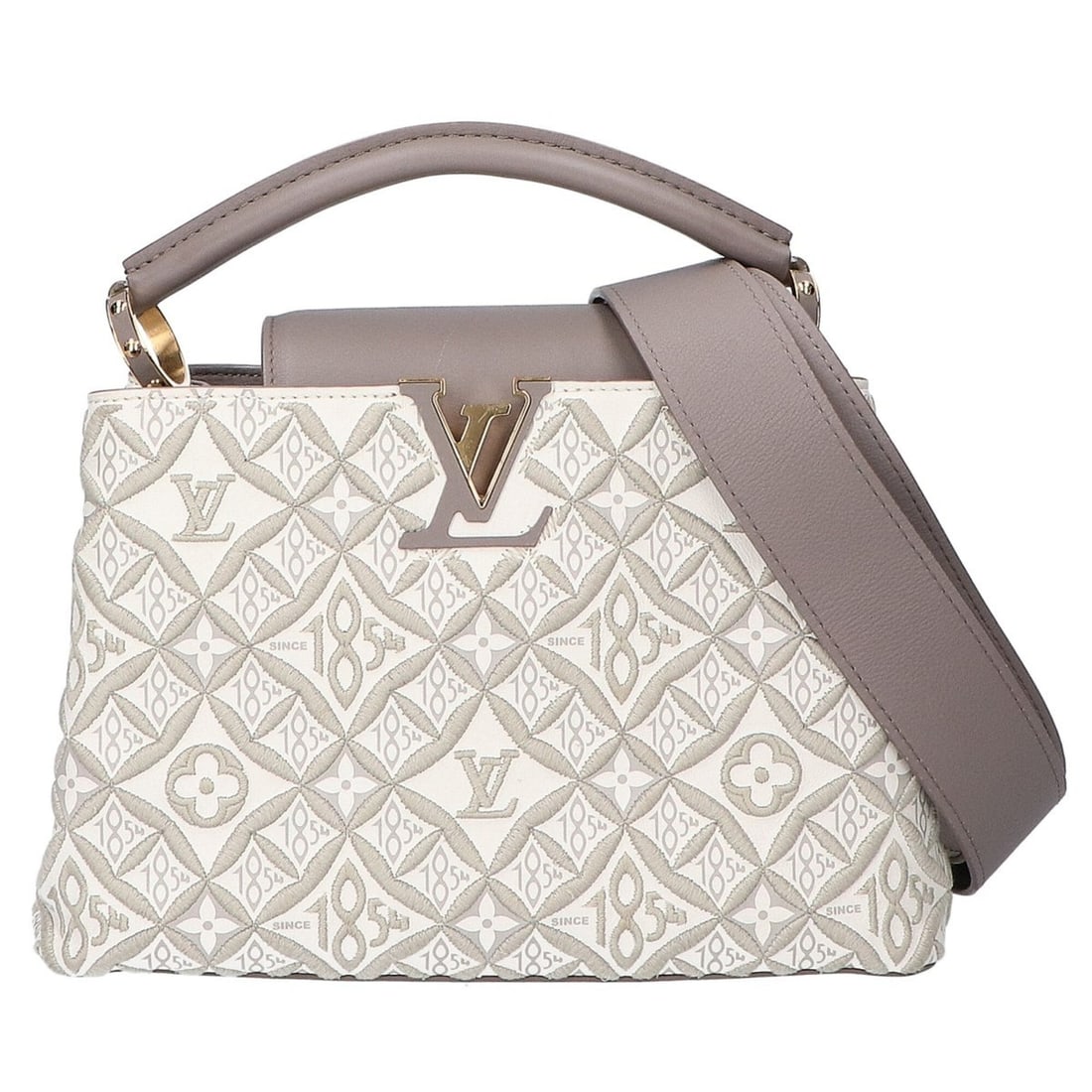 LOUIS VUITTON M46042 Since1854 Capucines BB 2-Way Handbag Taupe Gold Hardware Women's: --- Catalog ---Category: SizeSize (HxWxD): 17.5cm x 26cm x 9cm / 6.88'' x 10.23'' x 3.54''Category: DesignType: HandbagColor: TaupeGender: WomenMaterial: Leather Hardware Color: GoldLeather/Fur Type: 