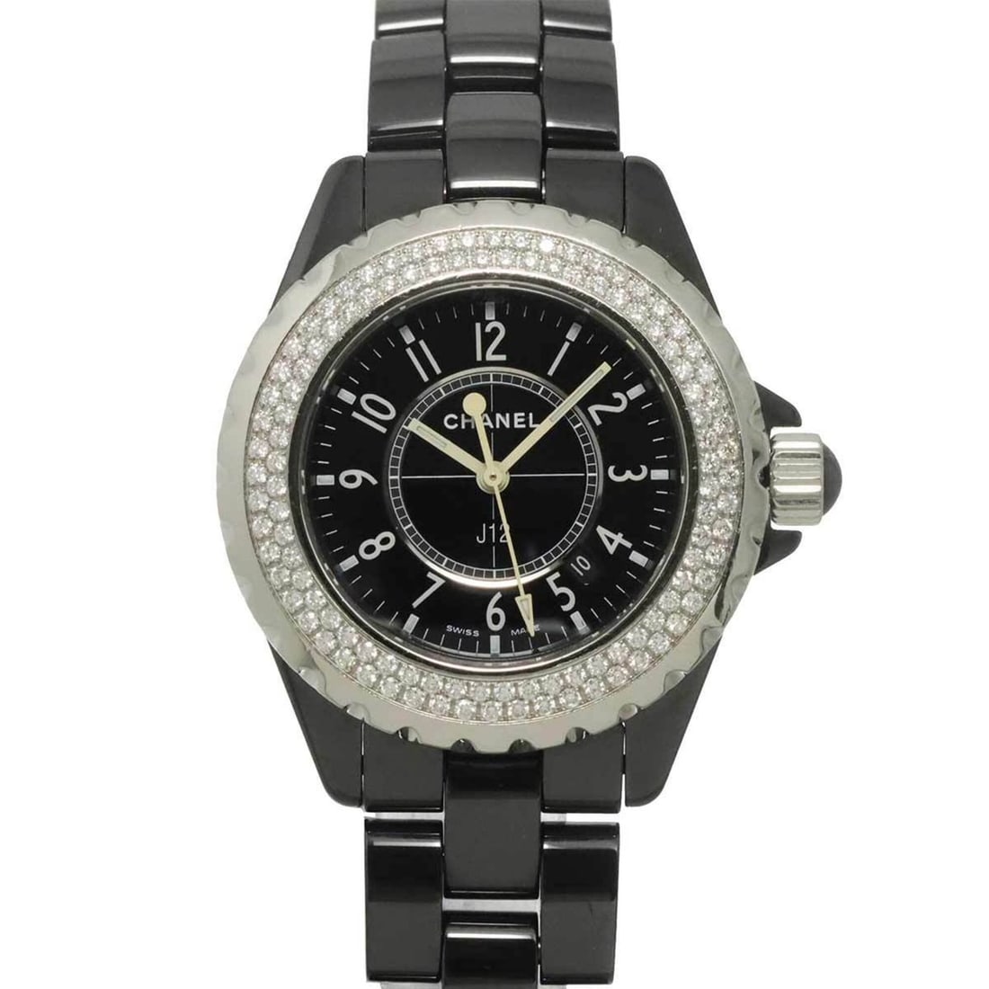 Chanel J12 33mm H0949 Genuine Diamond Bezel Ladies' Watch Black Ceramic Date Quartz: --- Catalog ---Category: SizeWrist Size: 15.5cm / 6.1''Case Diameter: 34mm / 1.34''Category: DesignType: WristwatchGender: WomenColor (Dial): BlackMaterial (Band): Ceramic, Stainless steelMaterial (Ca