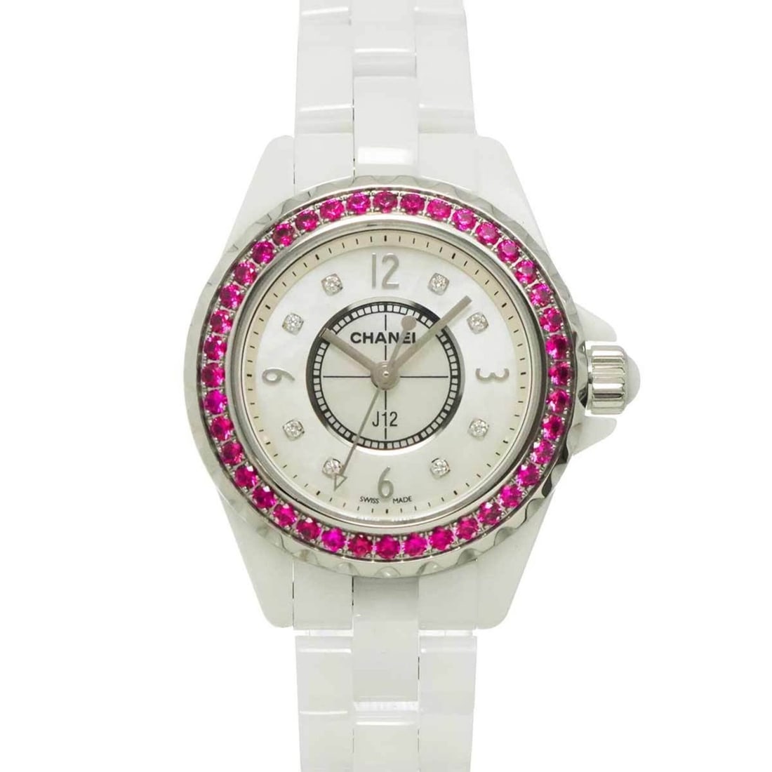 Chanel J12 29mm H3243 Women's Watch, Pink Sapphire Bezel, 8 Diamonds, White Shell Ceramic Quartz: --- Catalog ---Category: SizeWrist Size: 16cm / 6.29''Case Diameter: 29mm / 1.14''Category: DesignType: WristwatchGender: WomenColor (Dial): White shellMaterial (Band): Ceramic, Stainless steelMateria