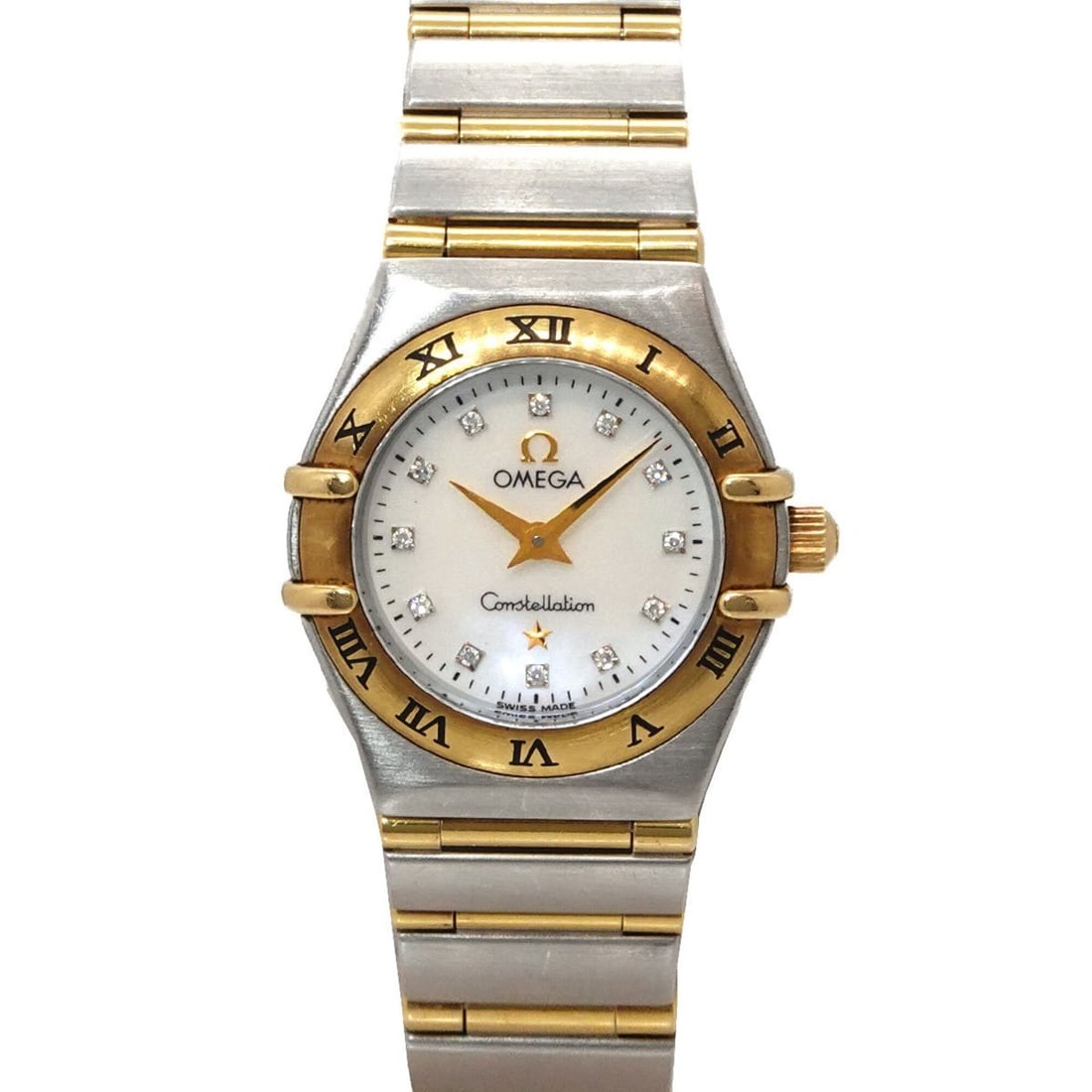 Omega Constellation Mini Combination 1262 75 Ladies' Watch with 12 Diamonds, White Shell, Yellow: --- Catalog ---Category: SizeWrist Size: 14cm / 5.51''Case Diameter: 22mm / 0.87''Category: DesignType: WristwatchGender: WomenColor (Dial): White shellMaterial (Band): Stainless steel, Yellow goldMat