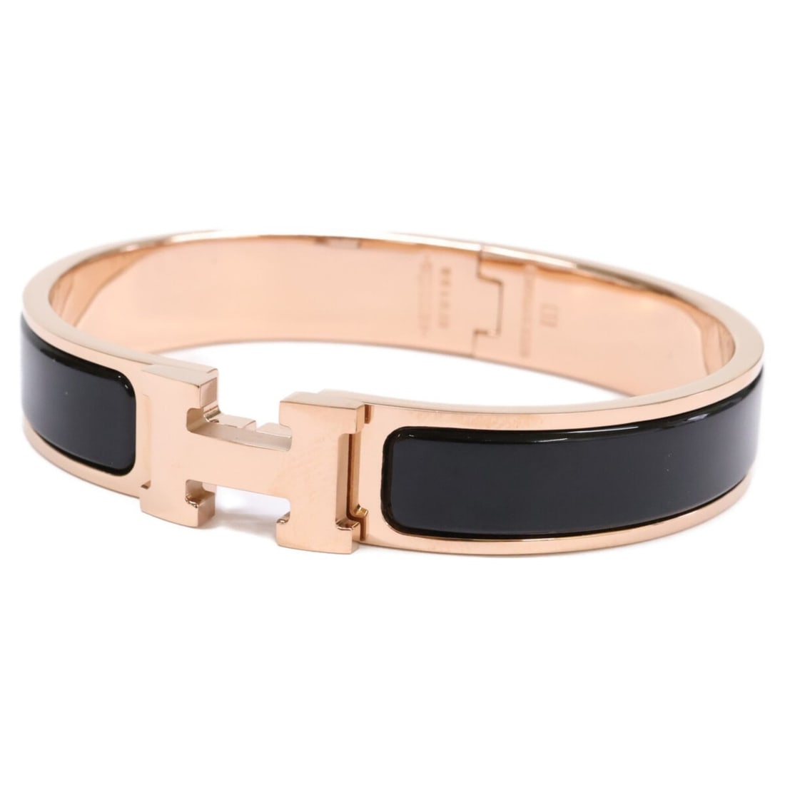 HERMES Click H Enamel Bangle Golden Rose Noir Women's: --- Catalog ---Category: SizeLength: 18cm / 7.08''Category: DesignType: BangleColor: Noir, Rose goldGender: WomenMaterial: MetalCategory: GeneralBrand: Hermes--- Item List ---Section: ConditionRanking