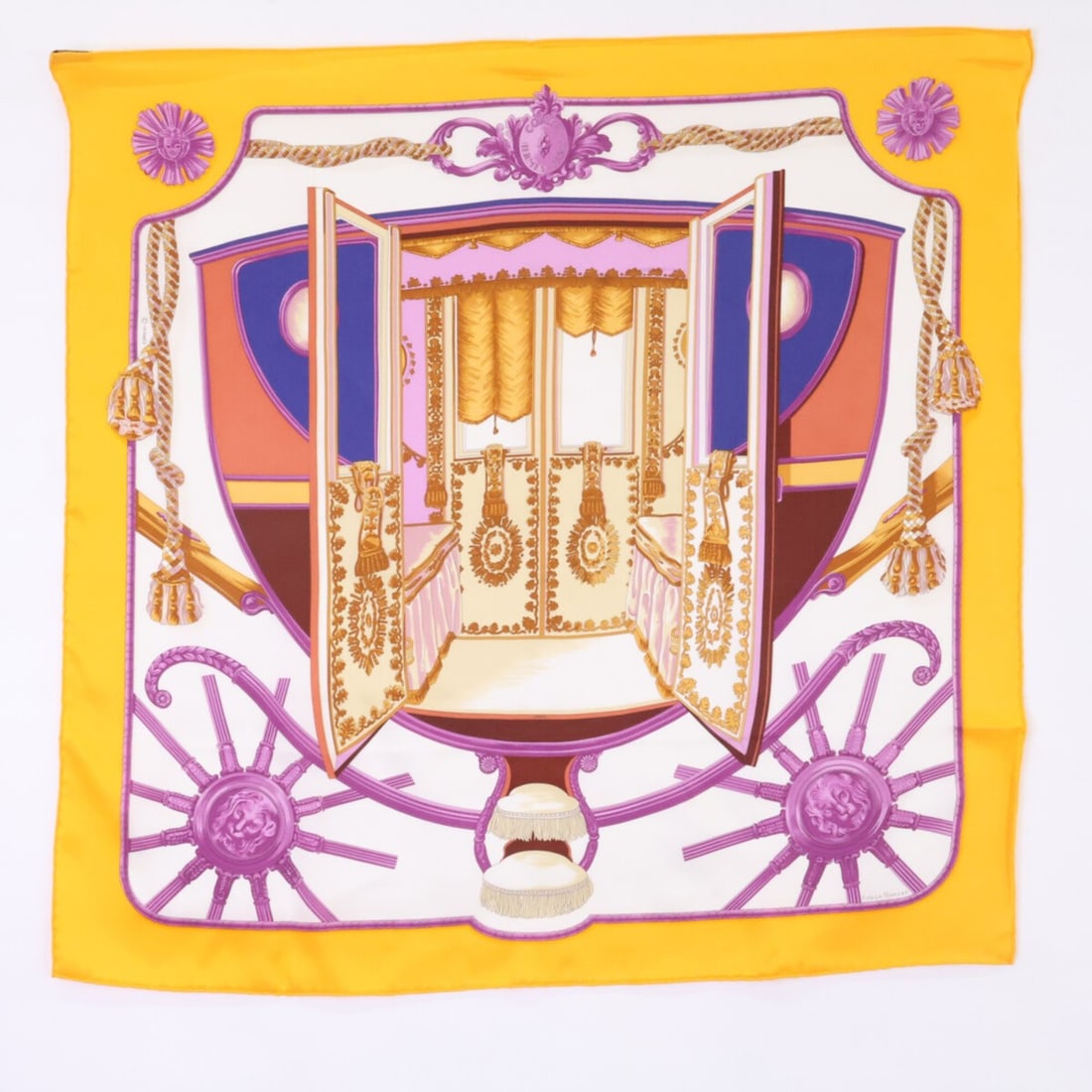 HERMES Les Tambours (The Drum of Tambour) Silk Scarf/Muffler, Yellow, Women's: --- Catalog ---Category: SizeSize (LxW): 66cm x 69cm / 25.98'' x 27.16''Category: DesignType: ScarfColor: YellowGender: WomenMaterial: Silk Category: GeneralBrand: Hermes--- Item List ---Section: Cond
