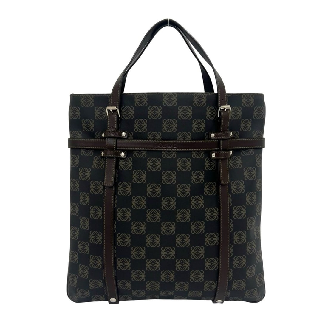 LOEWE Repeat Anagram Pattern Logo Hardware Leather Tote Bag Handbag Dark Gray Brown 31687: --- Catalog ---Category: SizeSize (HxWxD): 33cm x 32cm / 12.99'' x 12.59''Category: DesignType: Handbag, Tote bagColor: Brown, GrayGender: WomenMaterial: Leather , PVC Category: GeneralBrand: Loewe---