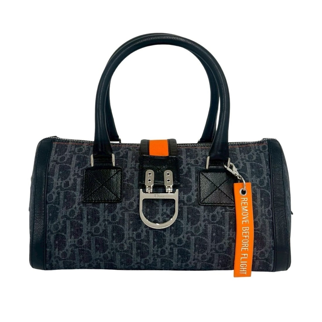 Christian Dior East West Flight Trotter Logo Denim Leather Handbag Navy 42790: --- Catalog ---Category: SizeSize (HxWxD): 14.5cm x 29.5cm x 15.5cm / 5.7'' x 11.61'' x 6.1''Category: DesignType: HandbagColor: Black, Navy, OrangeGender: WomenMaterial: Denim , Leather Category: Gen