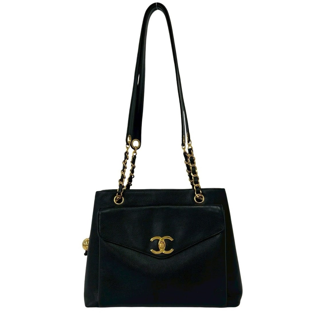 CHANEL Vintage Coco Mark Caviar Skin Semi-Shoulder Bag Mini Tote Black 38927: --- Catalog ---Category: SizeSize (HxWxD): 24.5cm x 30.5cm x 8cm / 9.64'' x 12'' x 3.14''Category: DesignType: Shoulder bagColor: BlackGender: WomenMaterial: Grained Calfskin Category: GeneralBrand: C