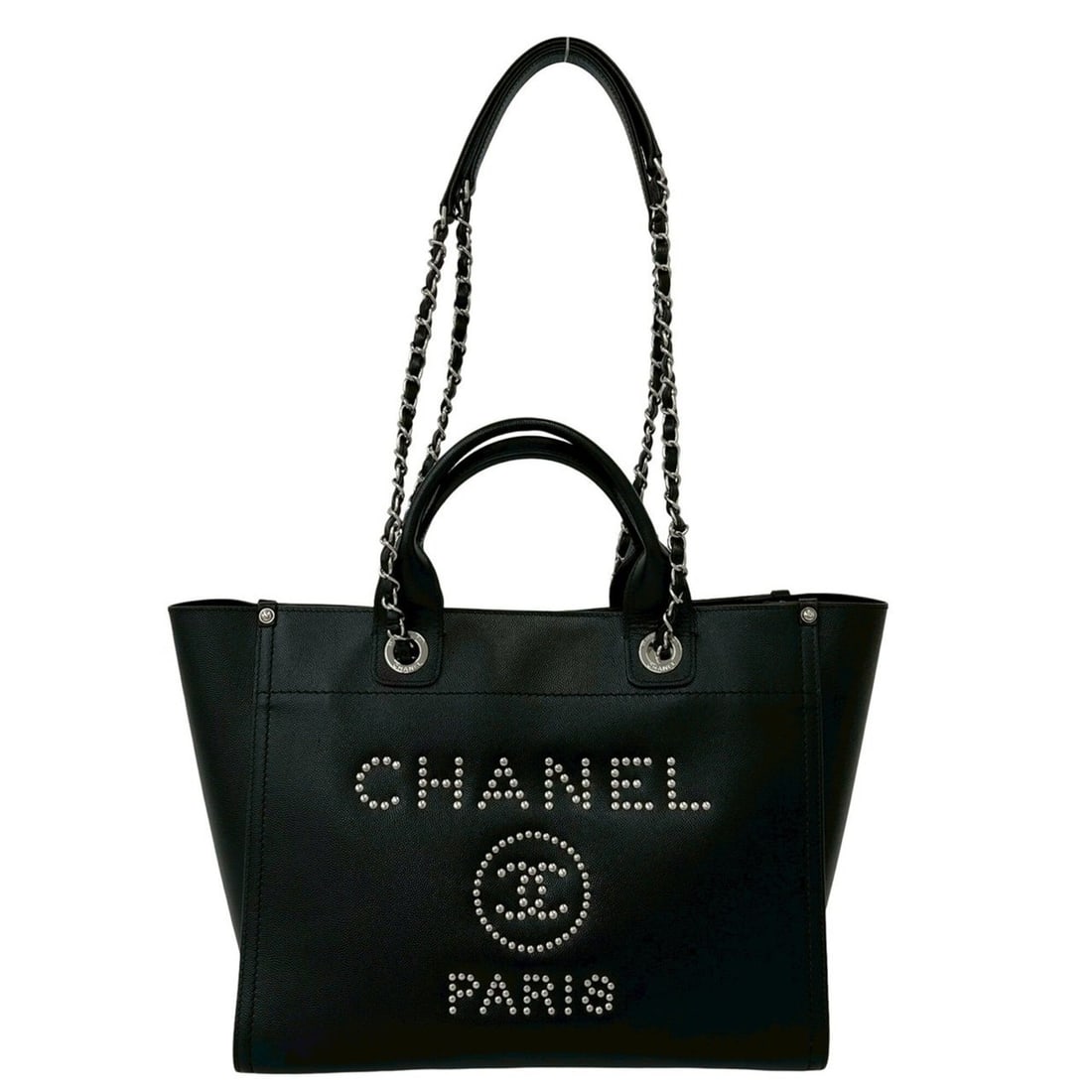 CHANEL Deauville Coco Mark Logo Caviar Skin 2-Way Tote Bag Handbag Black 22605: --- Catalog ---Category: SizeSize (HxWxD): 27cm x 33cm x 16.5cm / 10.62'' x 12.99'' x 6.49''Category: DesignType: Handbag, Tote bagColor: BlackGender: WomenMaterial: Grained Calfskin Category: General