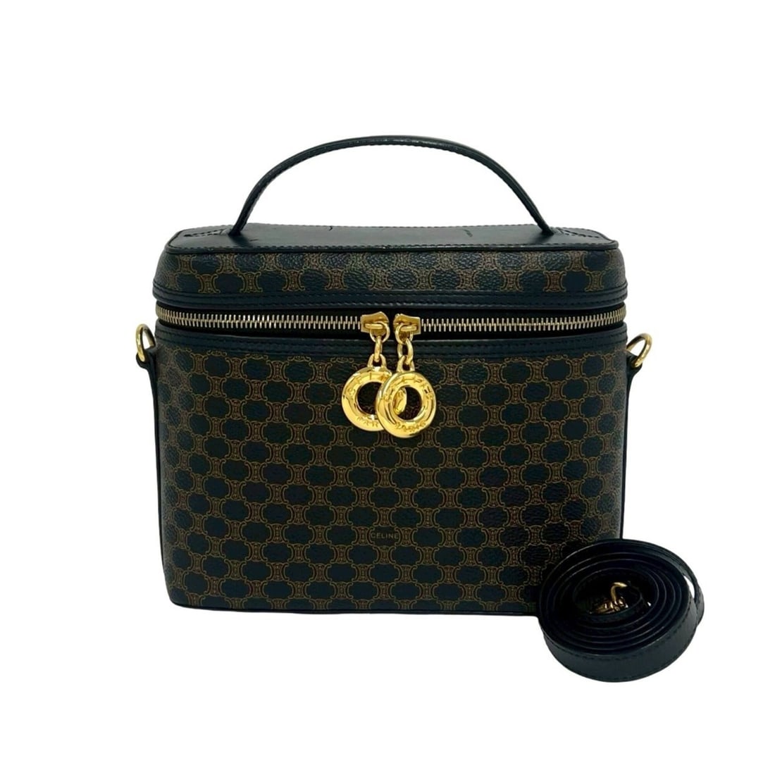 CELINE Vintage Macadam Blazon Triomphe Pattern Leather 2-Way Handbag/Shoulder Bag, Black 34017: --- Catalog ---Category: SizeSize (HxWxD): 17.5cm x 21cm x 7.5cm / 6.88'' x 8.26'' x 2.95''Category: DesignType: Handbag, Shoulder bagColor: Black, BrownGender: WomenMaterial: Leather , PVC Category: 