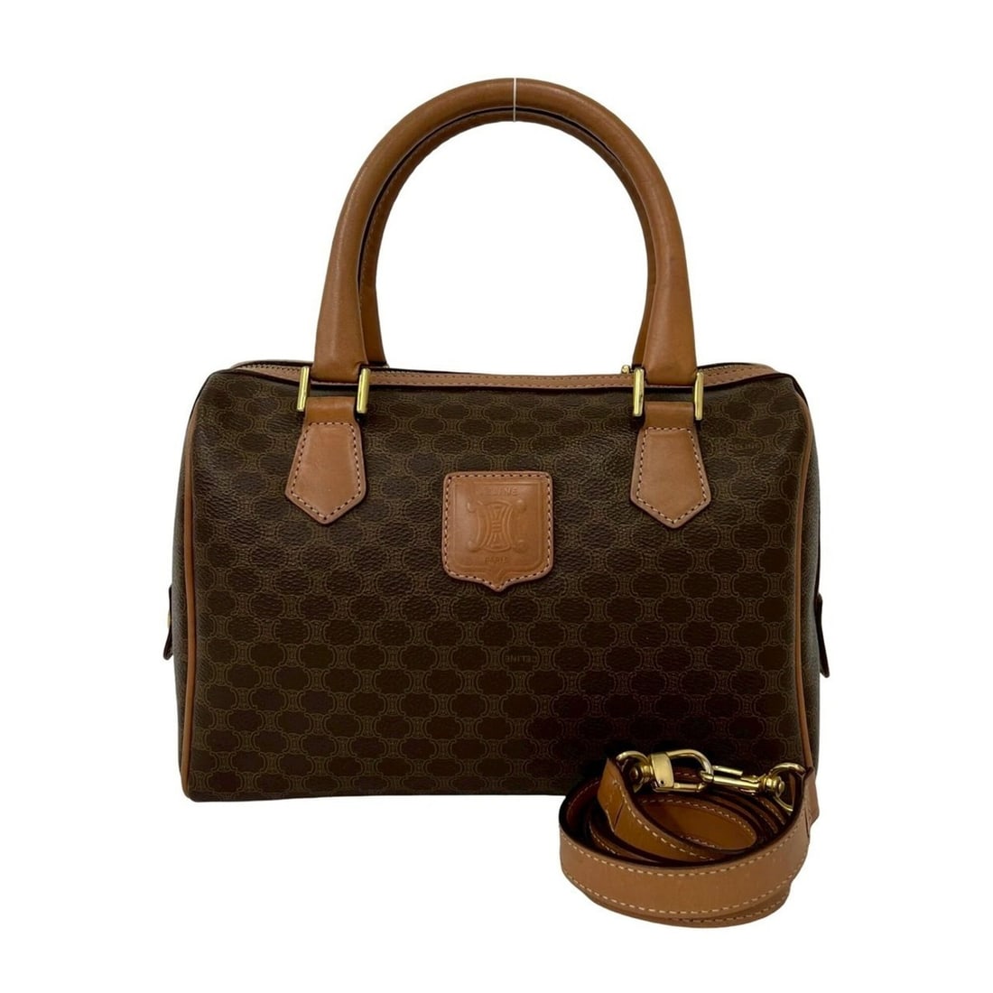 CELINE Vintage Macadam Blazon Triomphe Pattern Leather 2-Way Handbag/Shoulder Bag Brown 30149: --- Catalog ---Category: SizeSize (HxWxD): 17.5cm x 25.5cm x 13cm / 6.88'' x 10.03'' x 5.11''Category: DesignType: Handbag, Shoulder bagColor: BrownGender: WomenMaterial: Leather , PVC Category: Gener