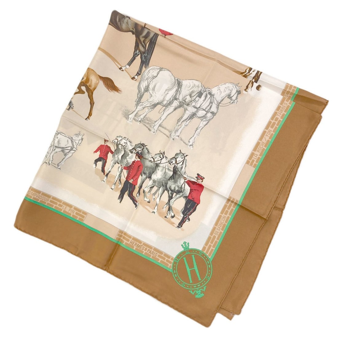 Hermes Carre 90 Les Haras Nationaux (National Stud Farm) Scarf, Silk, Women's: --- Catalog ---Category: SizeSize (LxW): 87cm x 89cm / 34.25'' x 35.03''Category: DesignType: ScarfColor: BrownGender: WomenMaterial: Silk Category: GeneralBrand: Hermes--- Item List ---Section: Condi